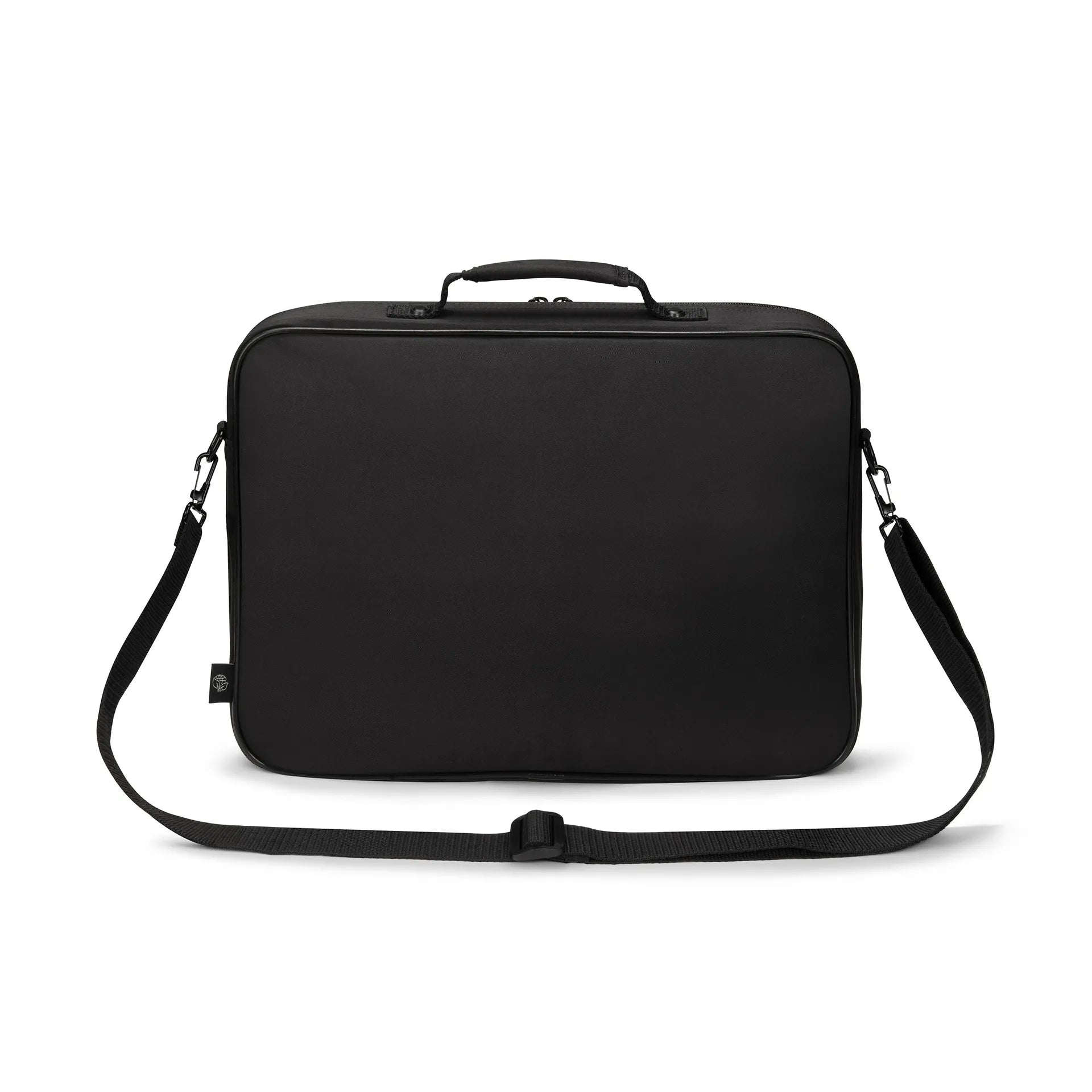 Fekete laptoptáska fogantyúval és vállpánttal.