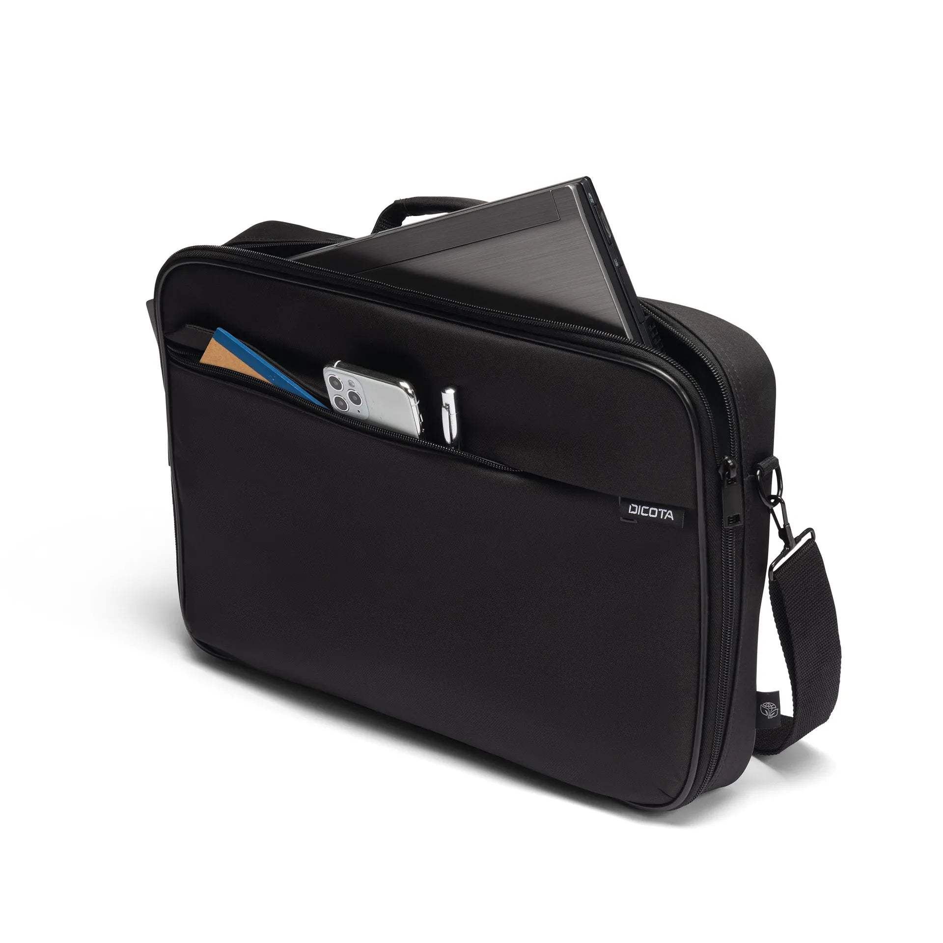 Fekete laptoptáska laptop, telefon és toll zsebbel.