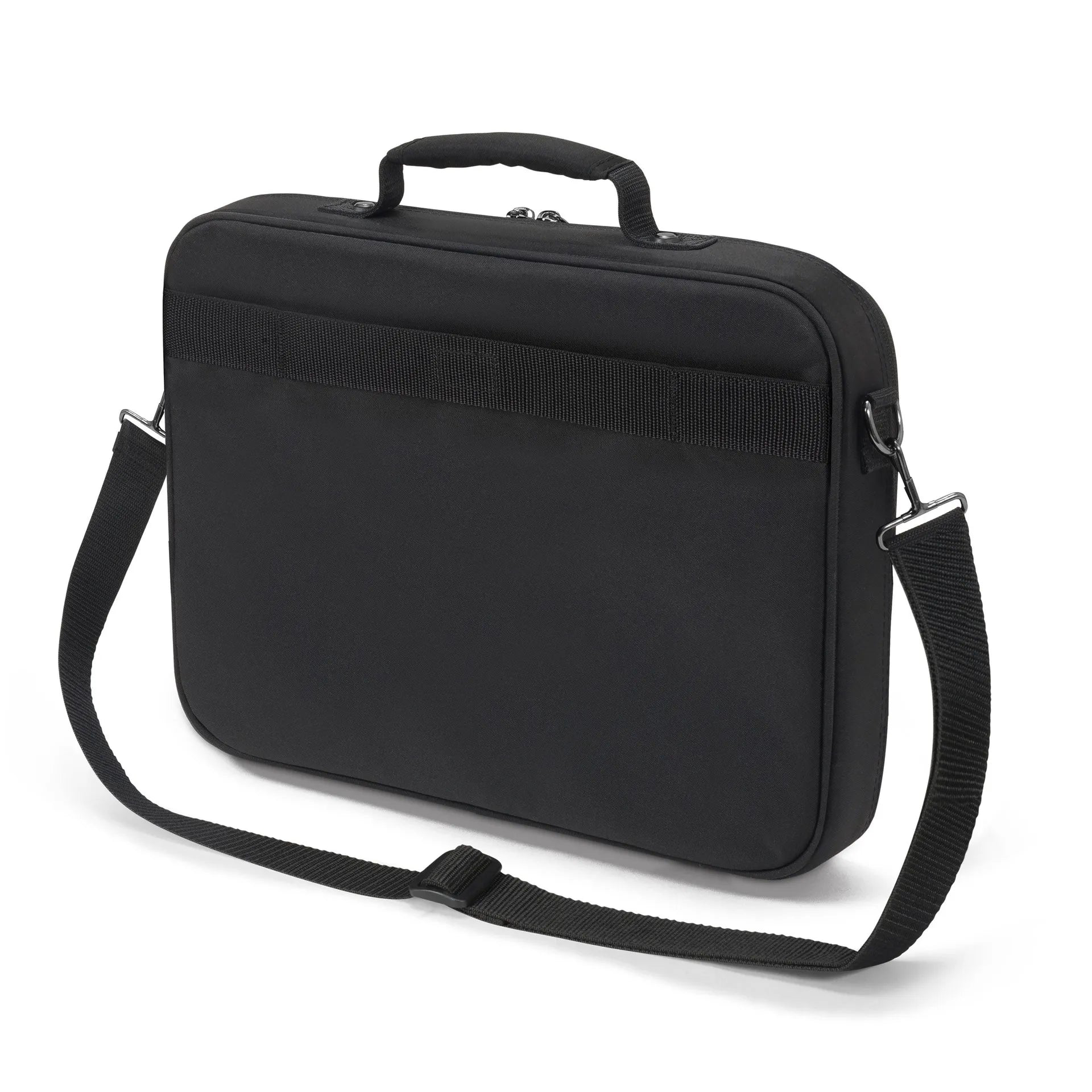 Fekete laptop táska fogantyúval és vállpánttal fehér háttéren.