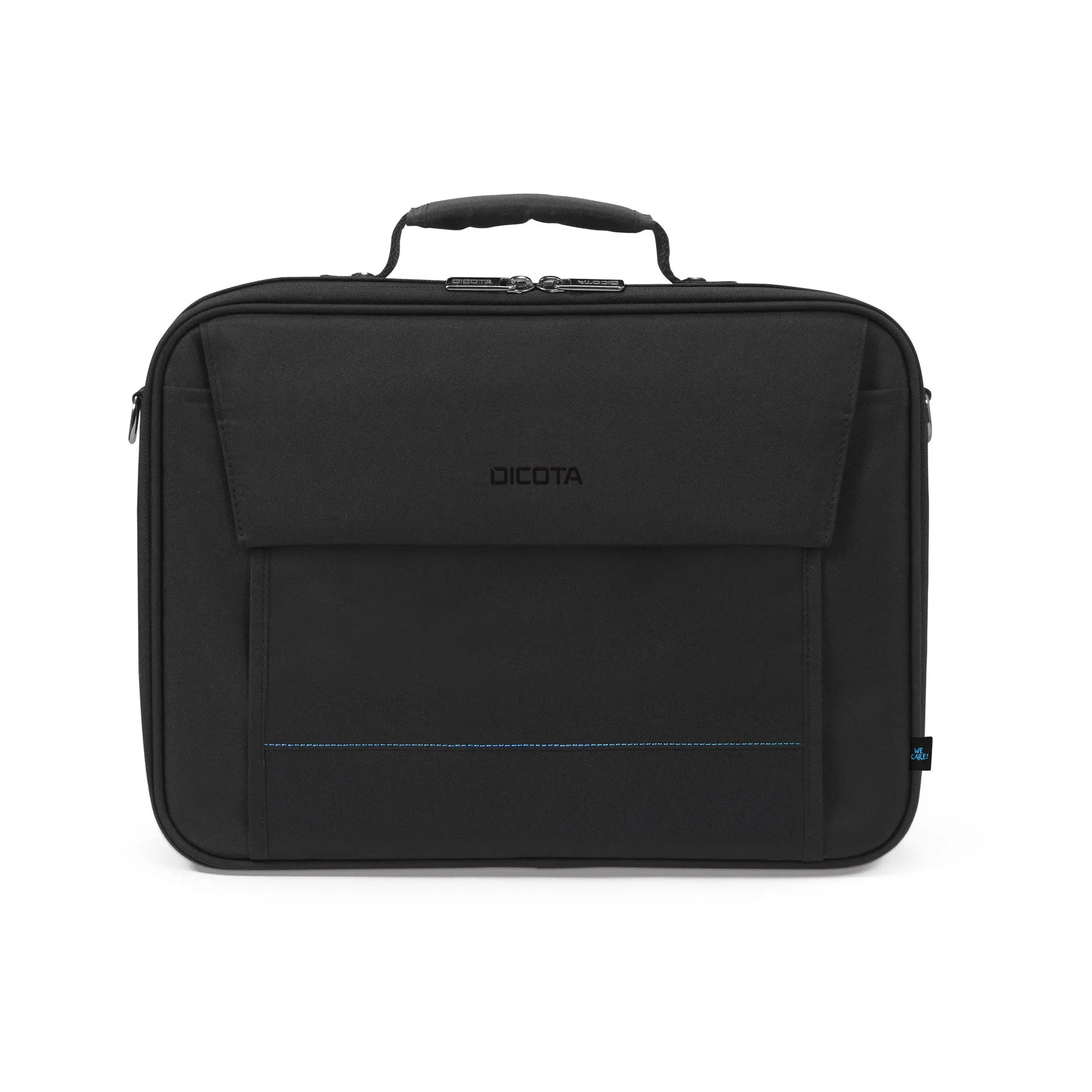Egy fekete Dicota laptop táska fogantyúval és kék varrással fehér háttéren látható.