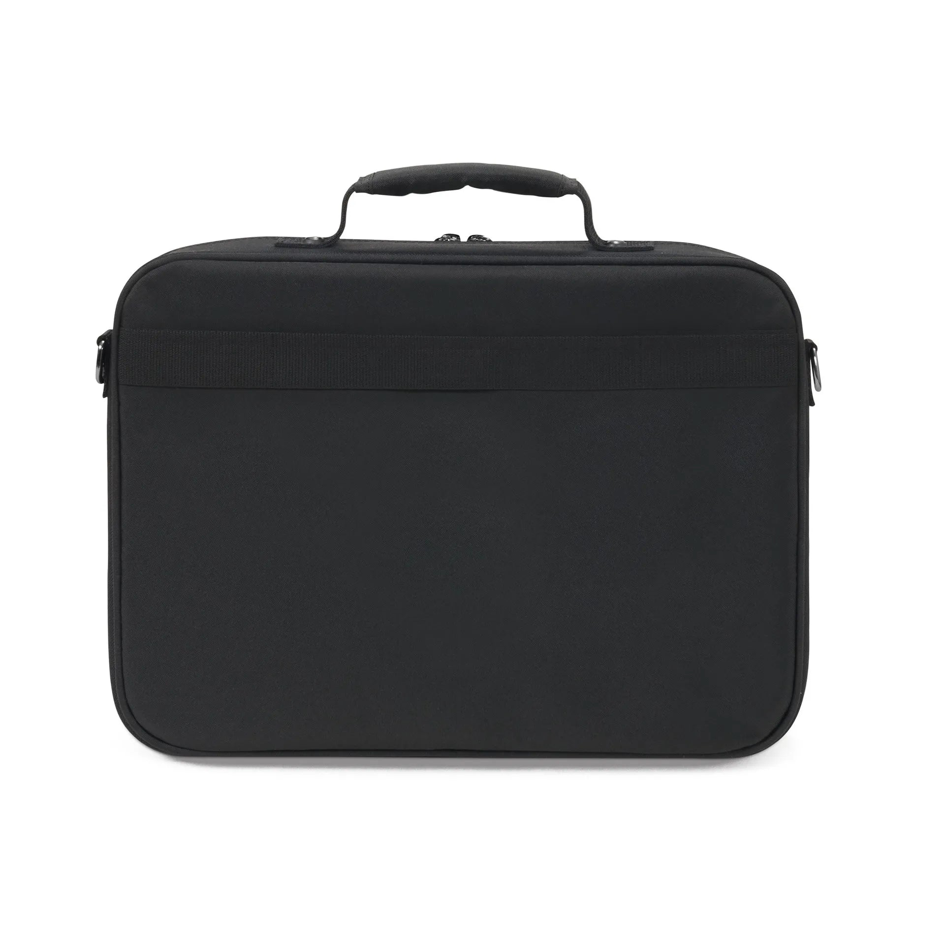 Fekete laptoptáska fogantyúval és vállpánttal.