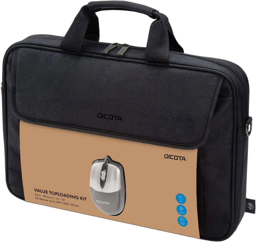DICOTA Value Toploading Kit laptop táska + USB vezetékes egér, 14"-16", fekete (D30805-RPET)