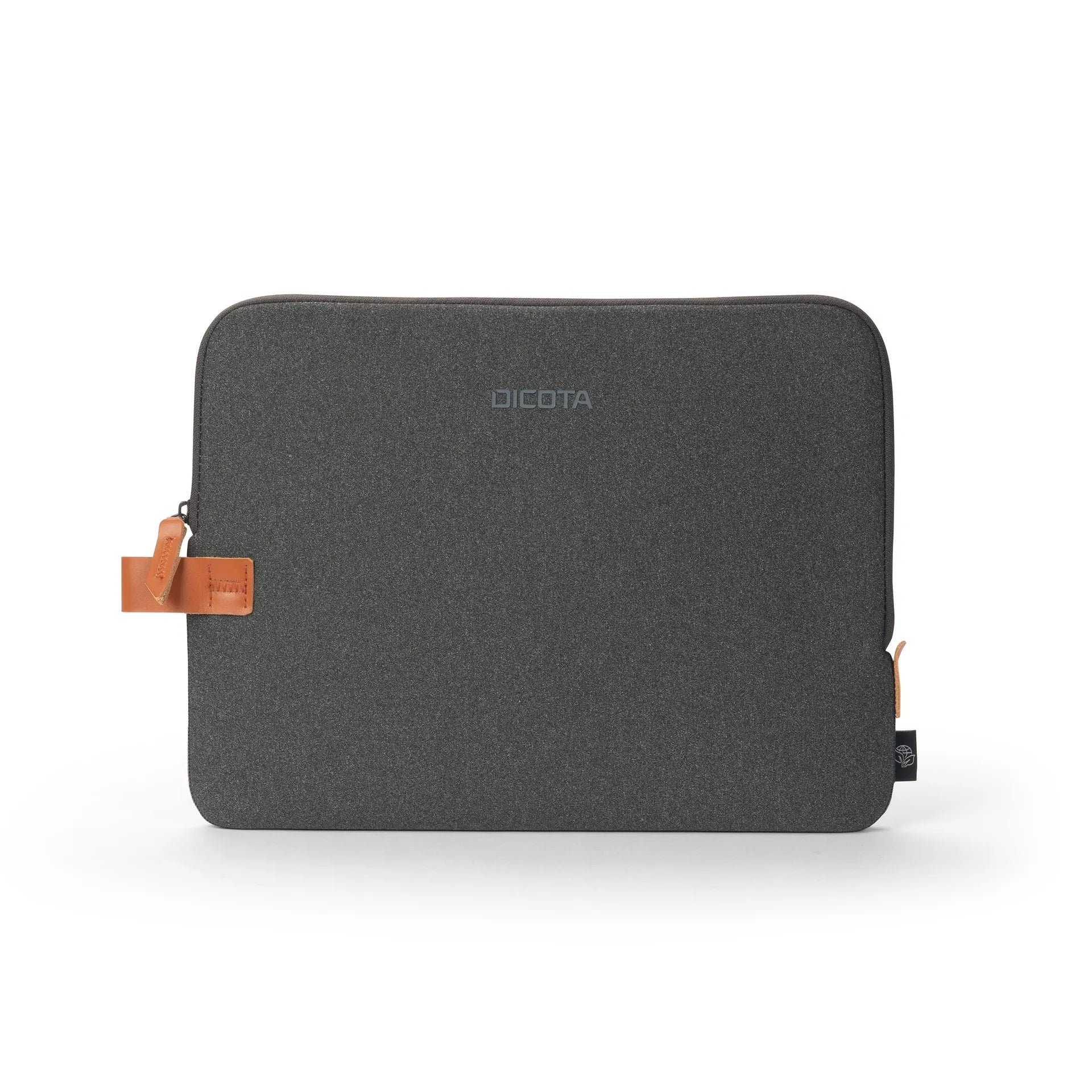 Sötétszürke laptop táska barna bőr címkével és logóval.