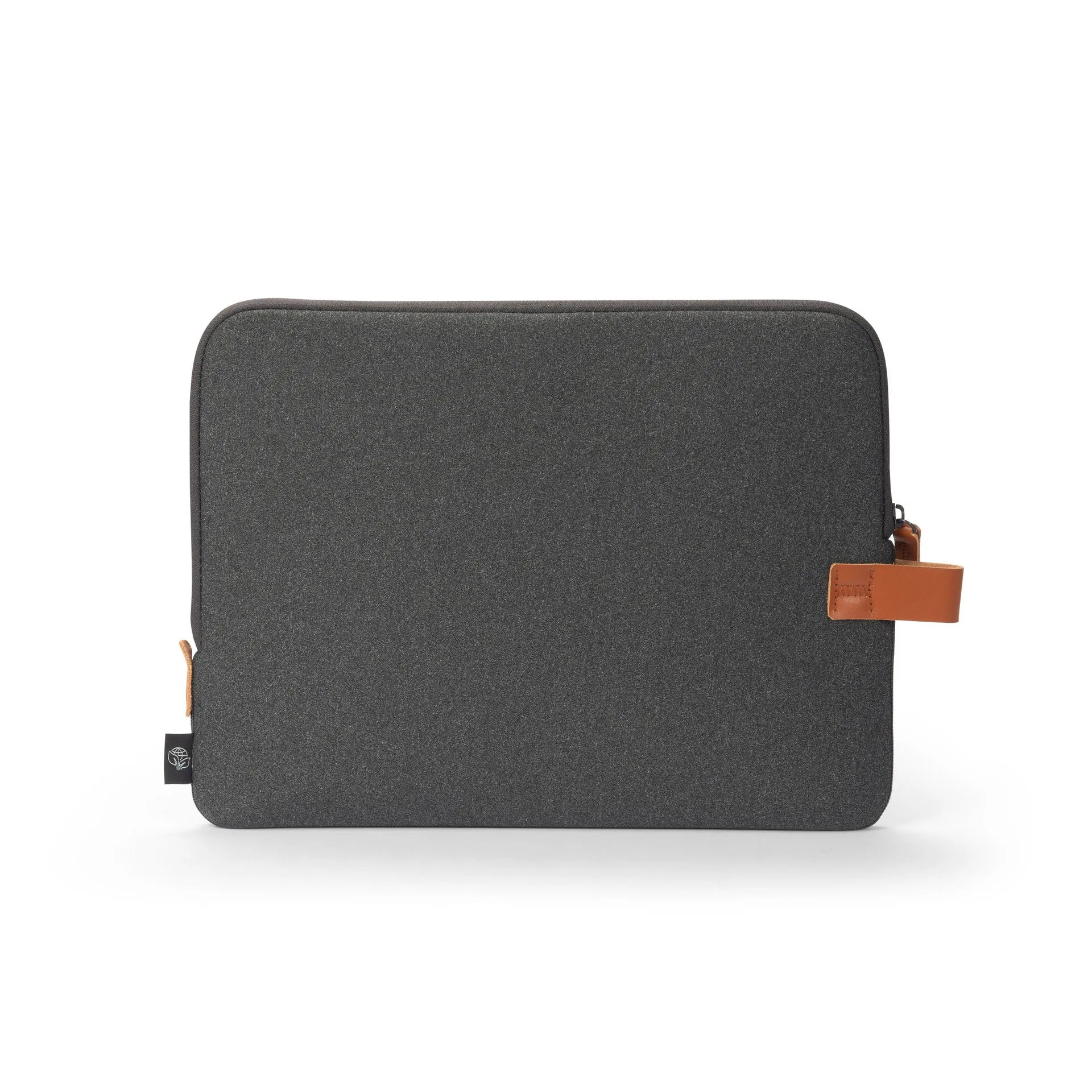 Sötétszürke laptop tok barna bőr díszítéssel és logóval.
