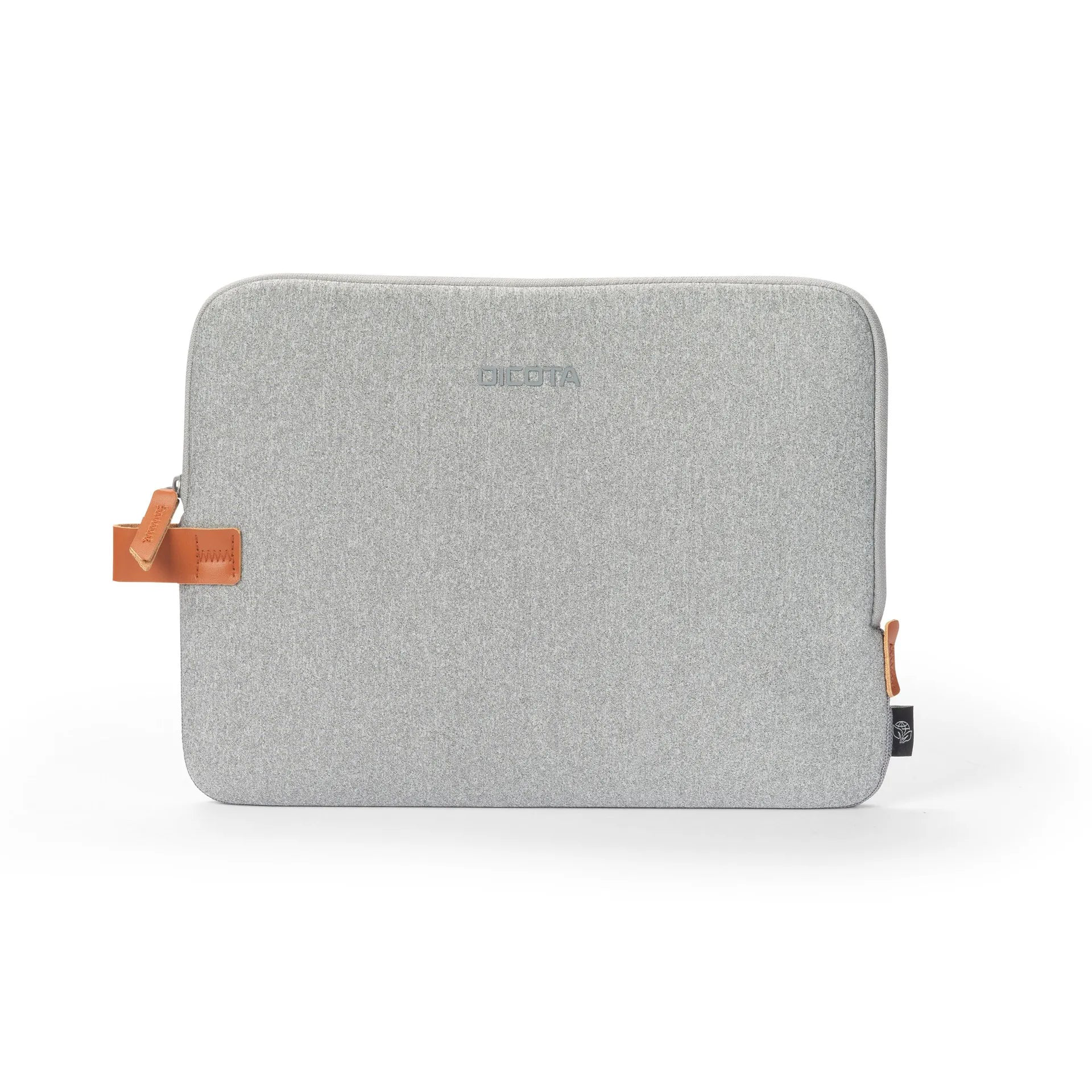 Szürke szövet laptop tok barna bőr díszítéssel és logóval.