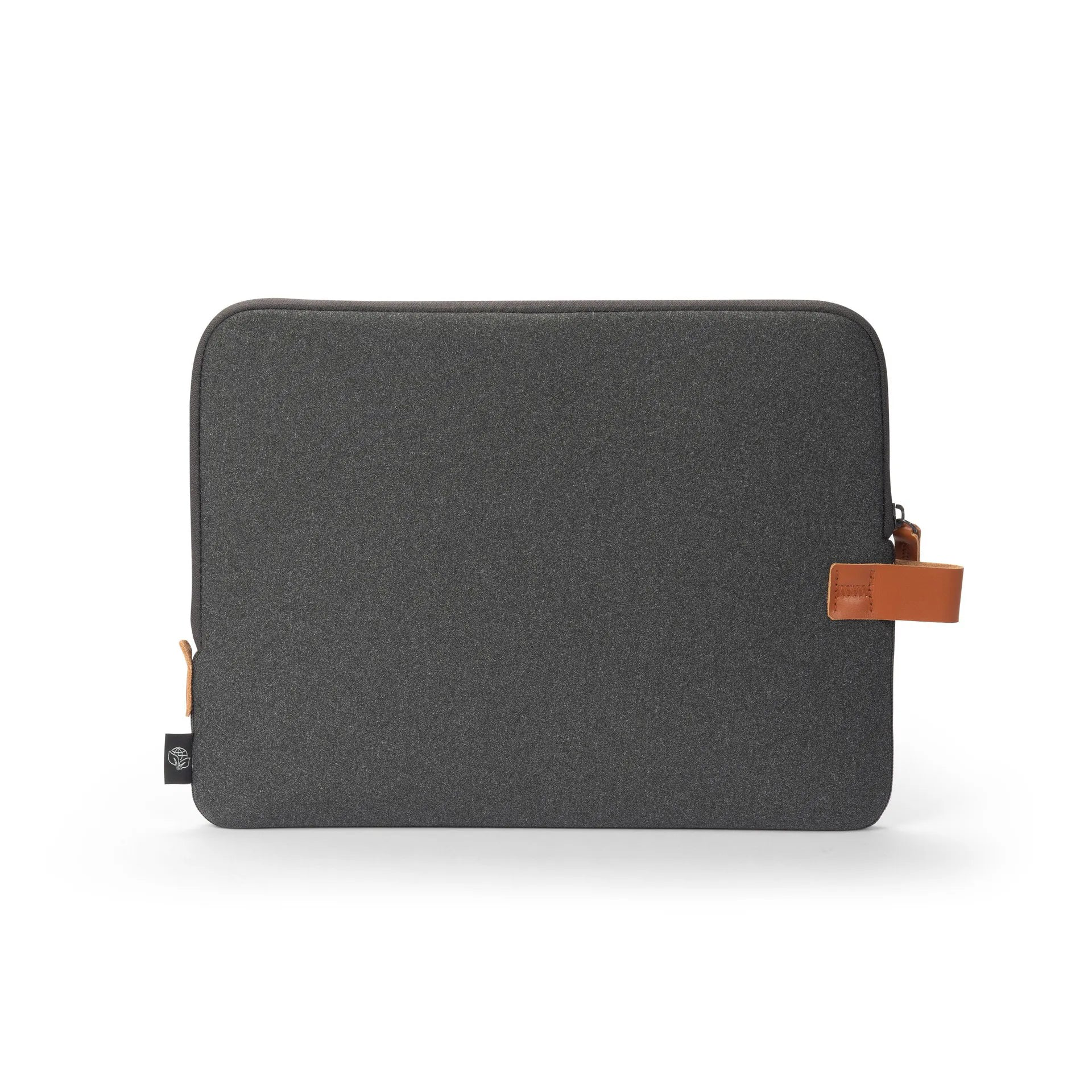 Sötétszürke laptop tok barna bőr díszítéssel és cipzárral.