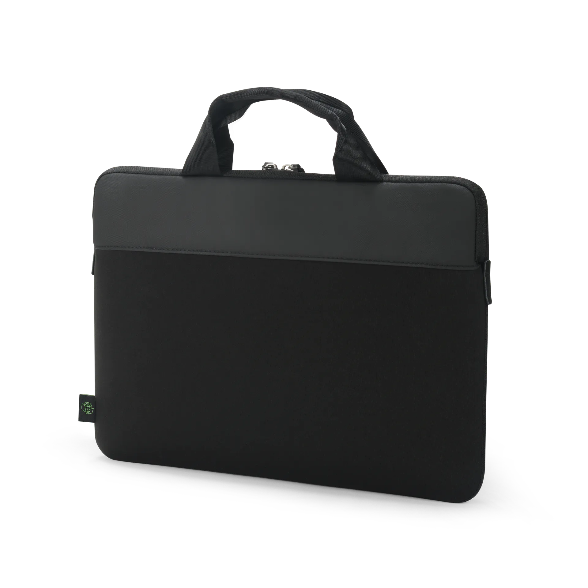 Fekete laptop táska fogantyúval és cipzárral. Zöld eco címke bal oldalon.