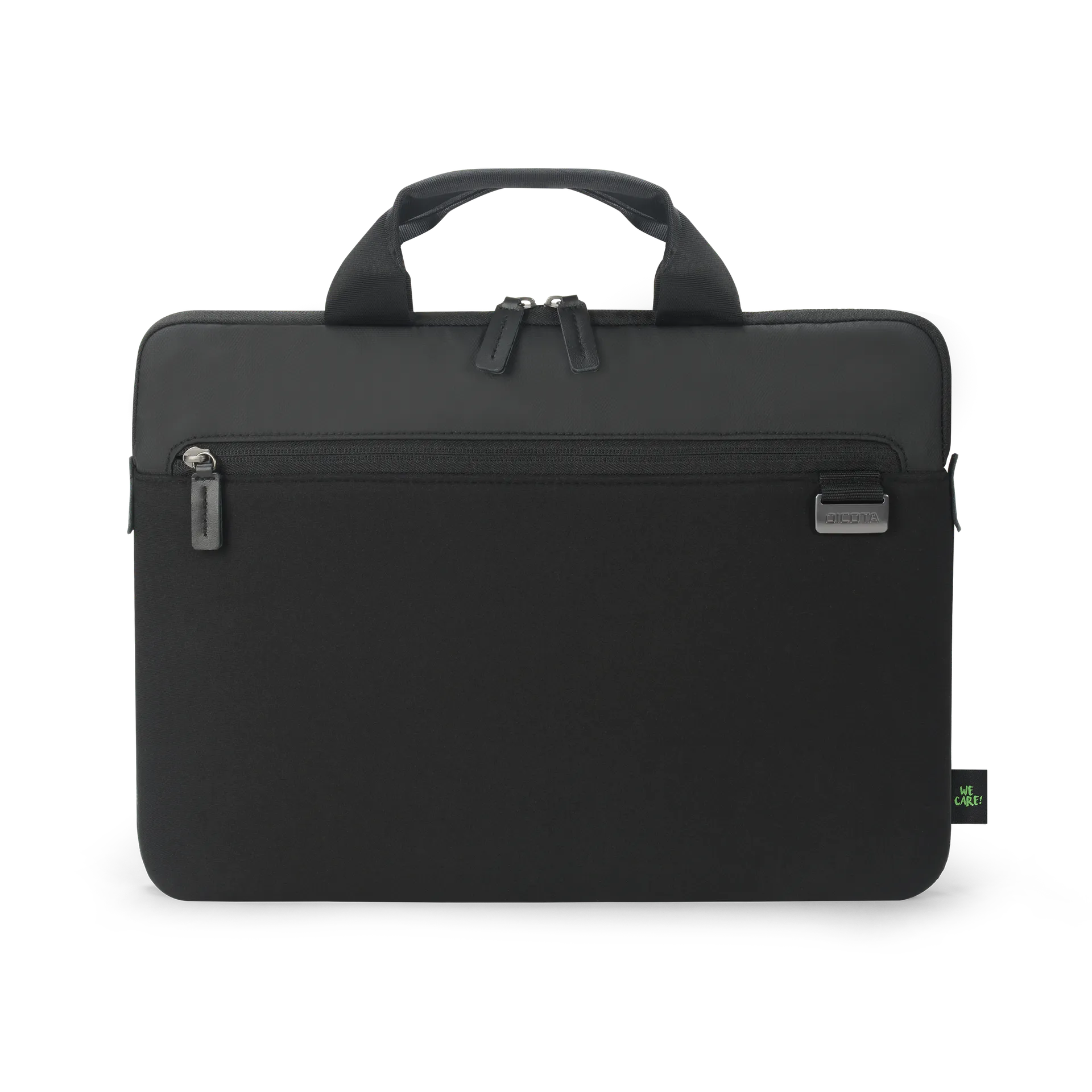 Fekete laptop táska fogantyúkkal és cipzáras zsebbel. 