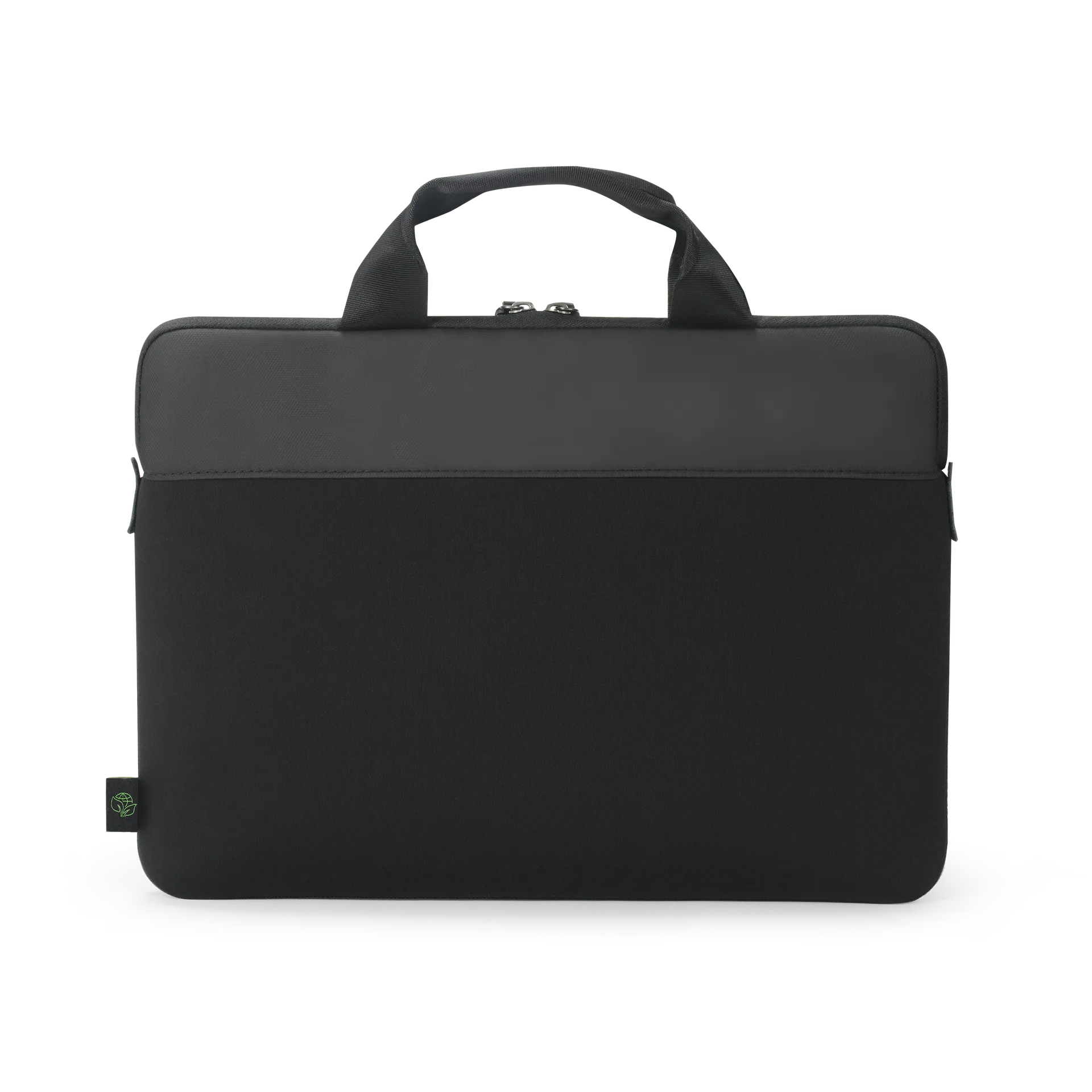 Fekete laptop táska fogantyúval és cipzárral. Bal oldalon kis zöld logó.