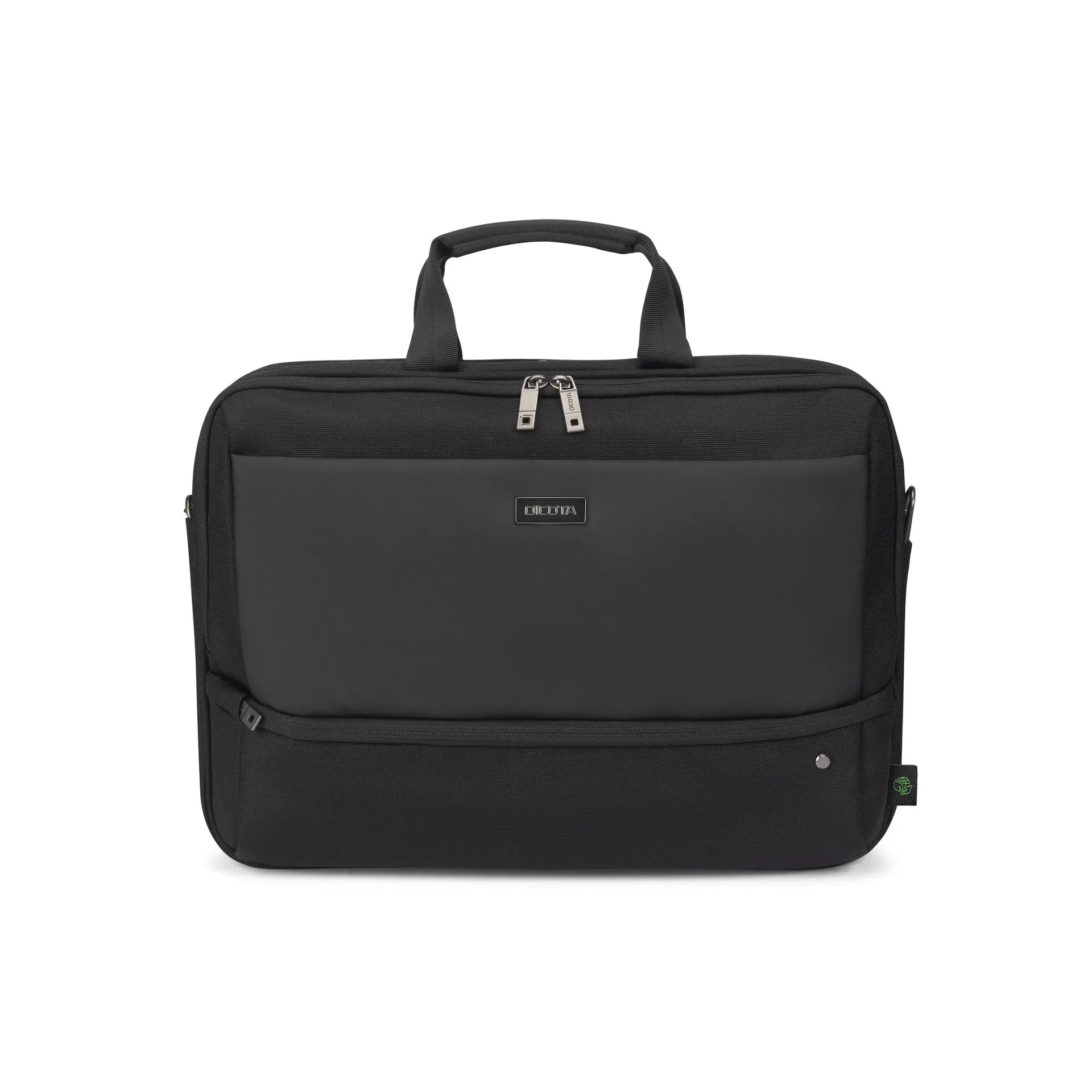 Fekete laptop táska fogantyúkkal és ezüst cipzárakkal.