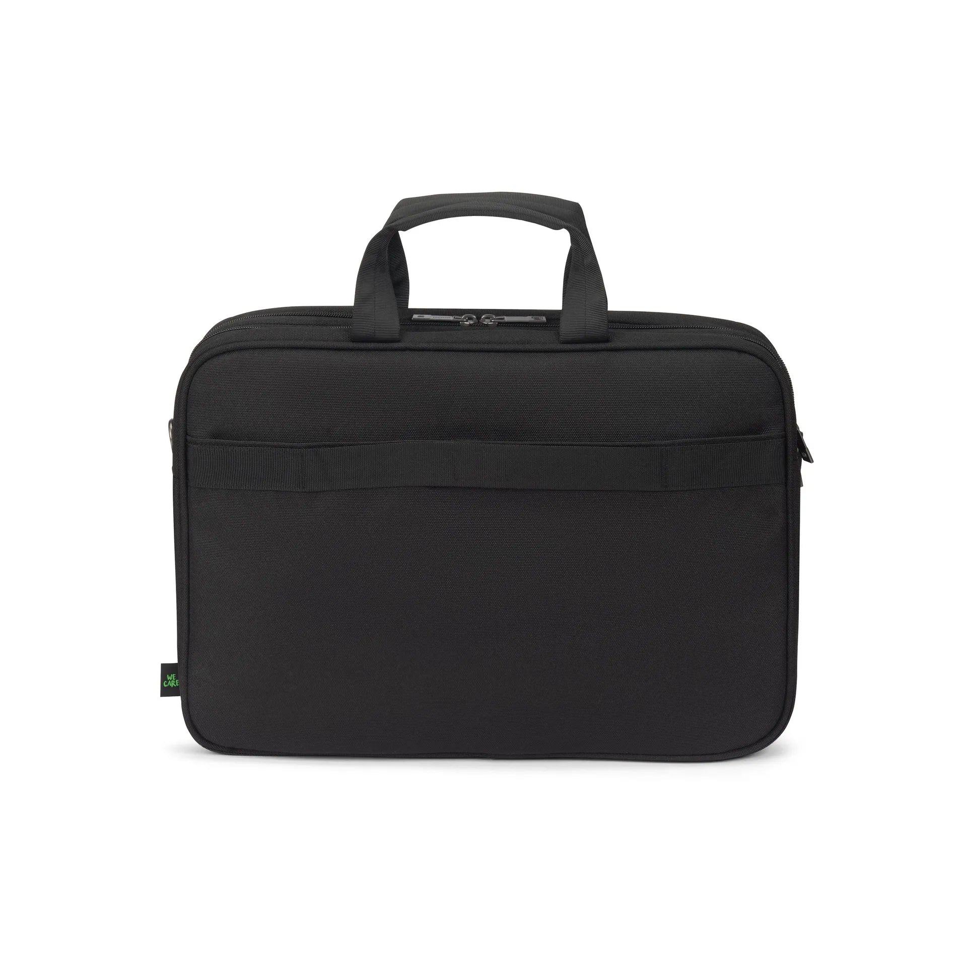 Fekete laptop táska két fogantyúval és cipzárral.