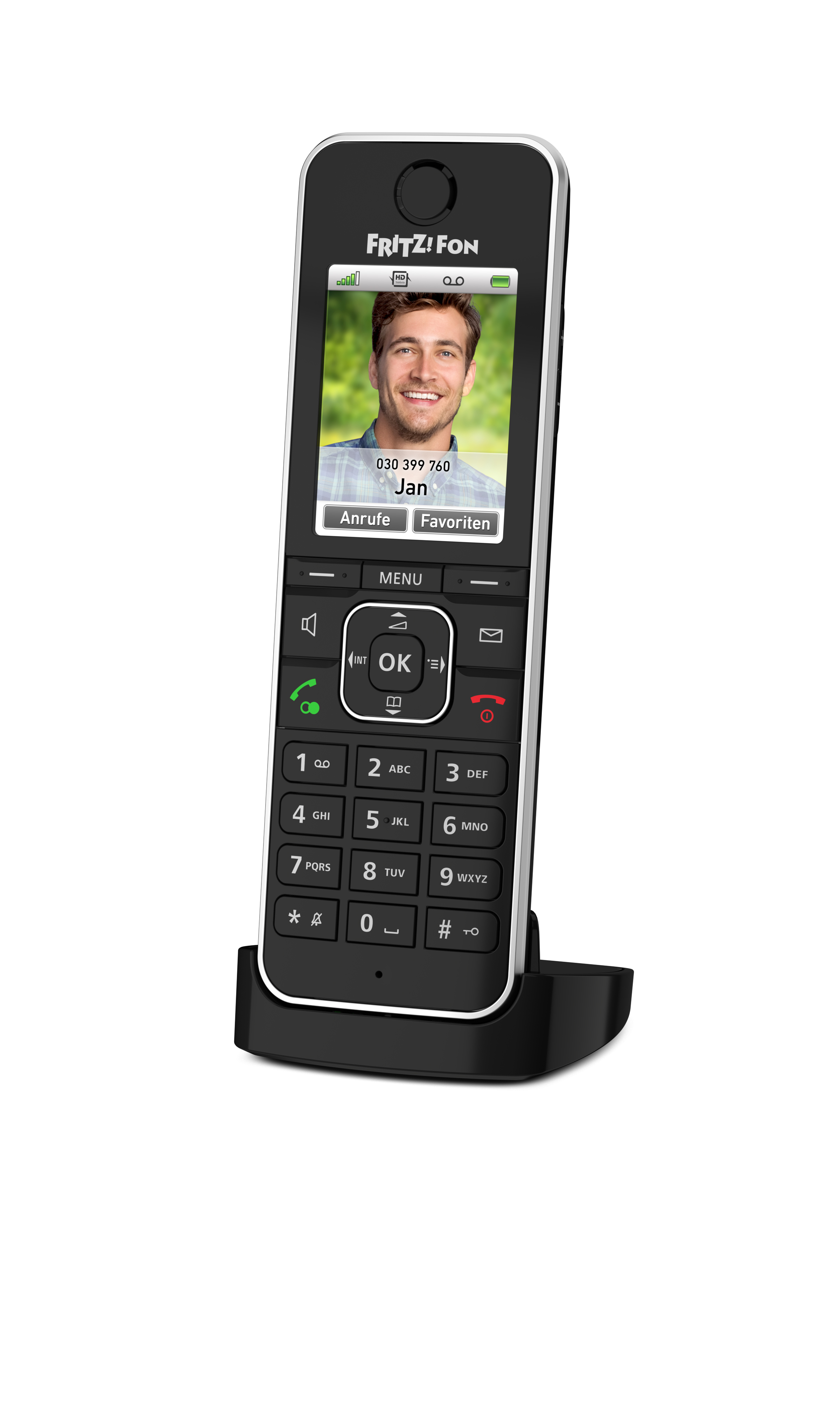 Ein Fritz!Fon DECT-Telefon mit einem Bild von Jan auf dem Bildschirm.