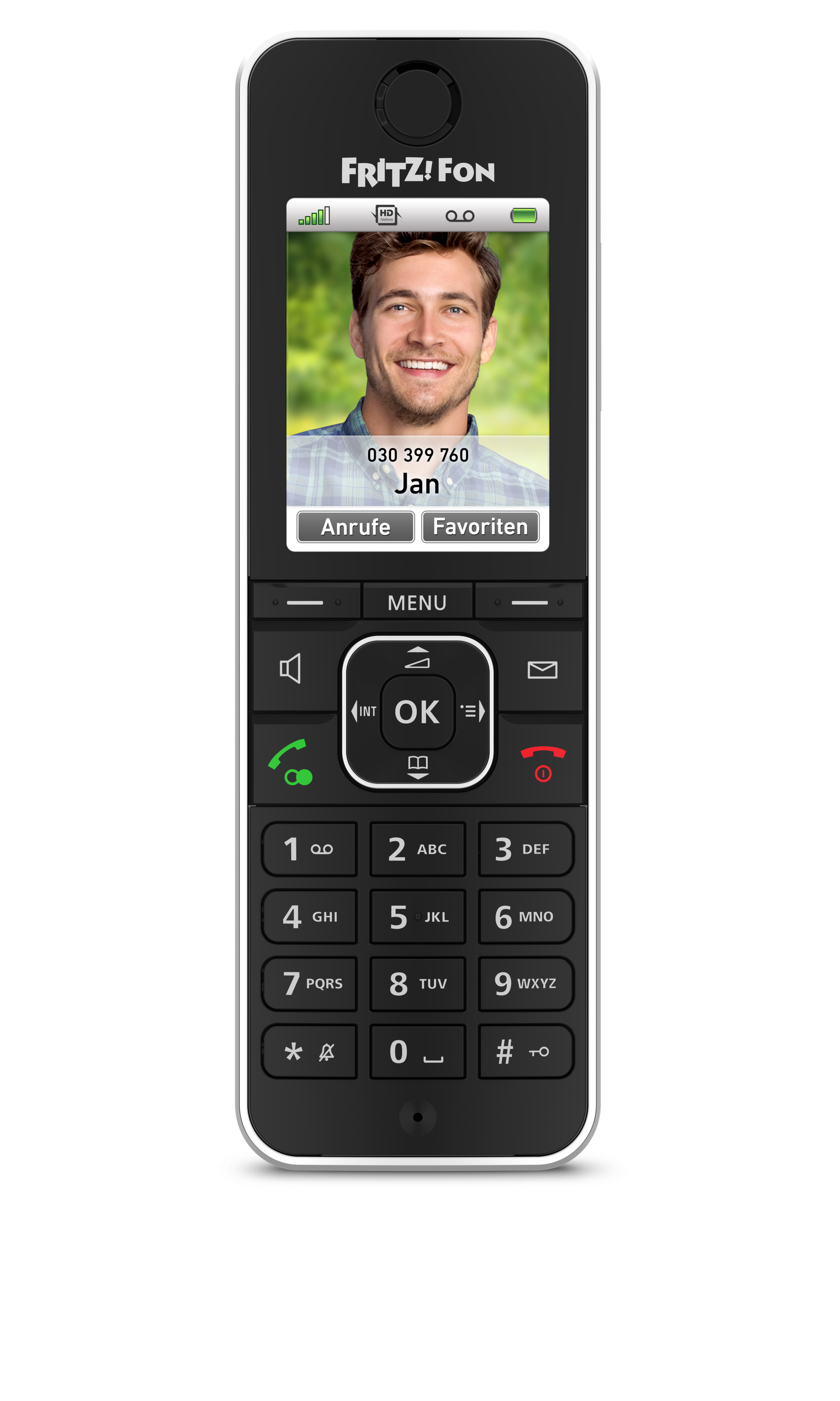 Ein Fritz!Fon DECT-Telefon mit einem Bild eines lachenden Mannes auf dem Bildschirm.