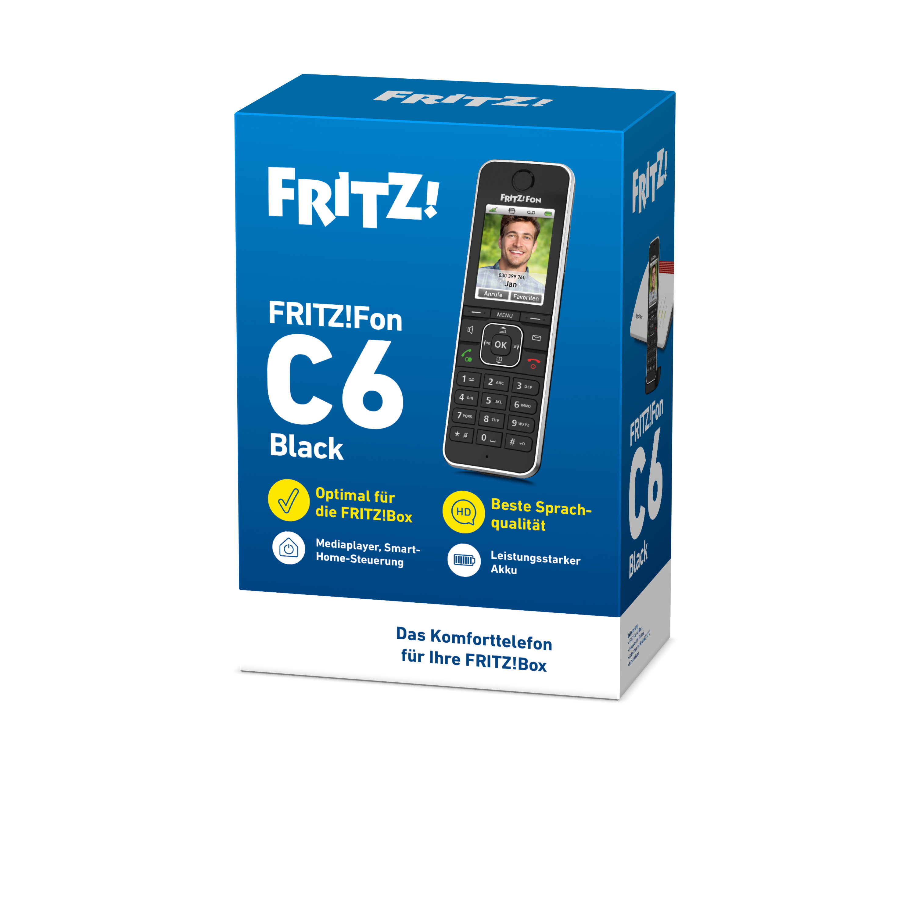 Verpackung für ein FRITZ!Fon C6 Black mit Telefonbildschirm und Produktmerkmalen.