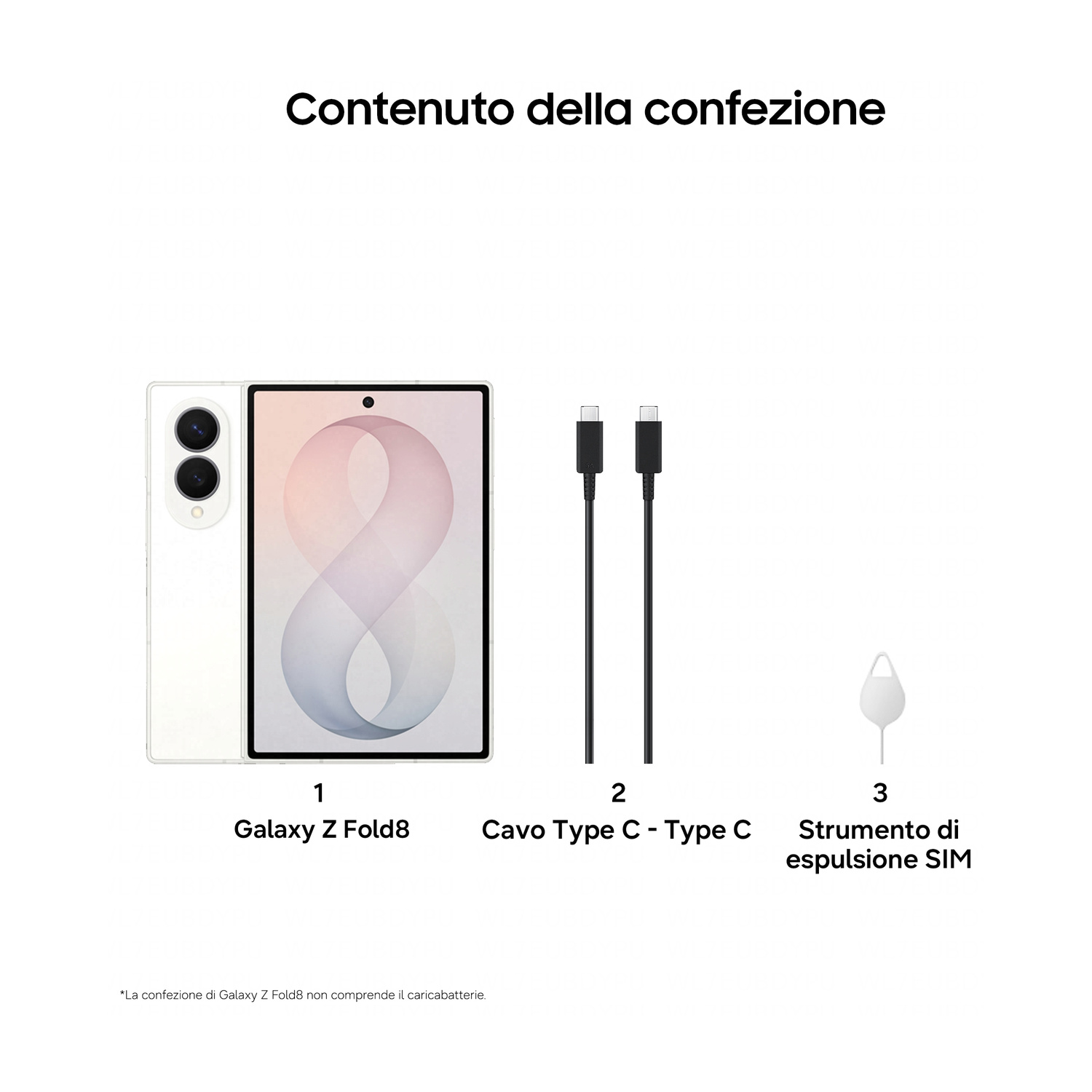 Contenuto della confezione: Galaxy Z Fold8, cavo USB-C, strumento espulsione SIM.