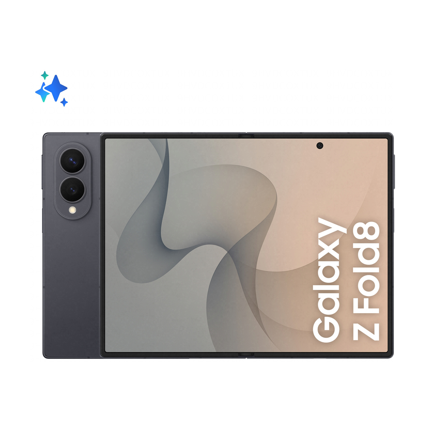 Samsung Galaxy Z Fold 8 pieghevole grigio scuro con modulo fotocamera.