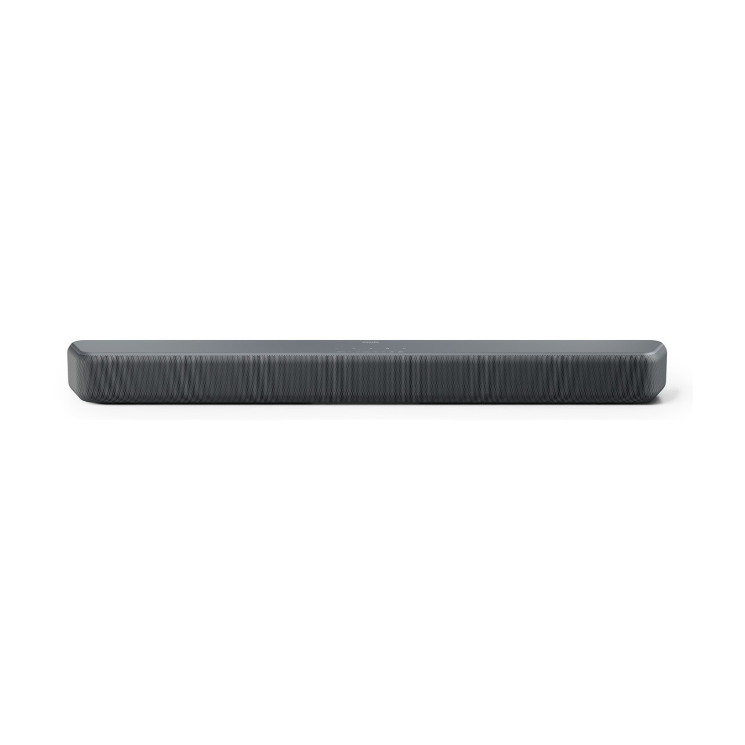 Una soundbar grigia ed elegante con angoli arrotondati su sfondo bianco.