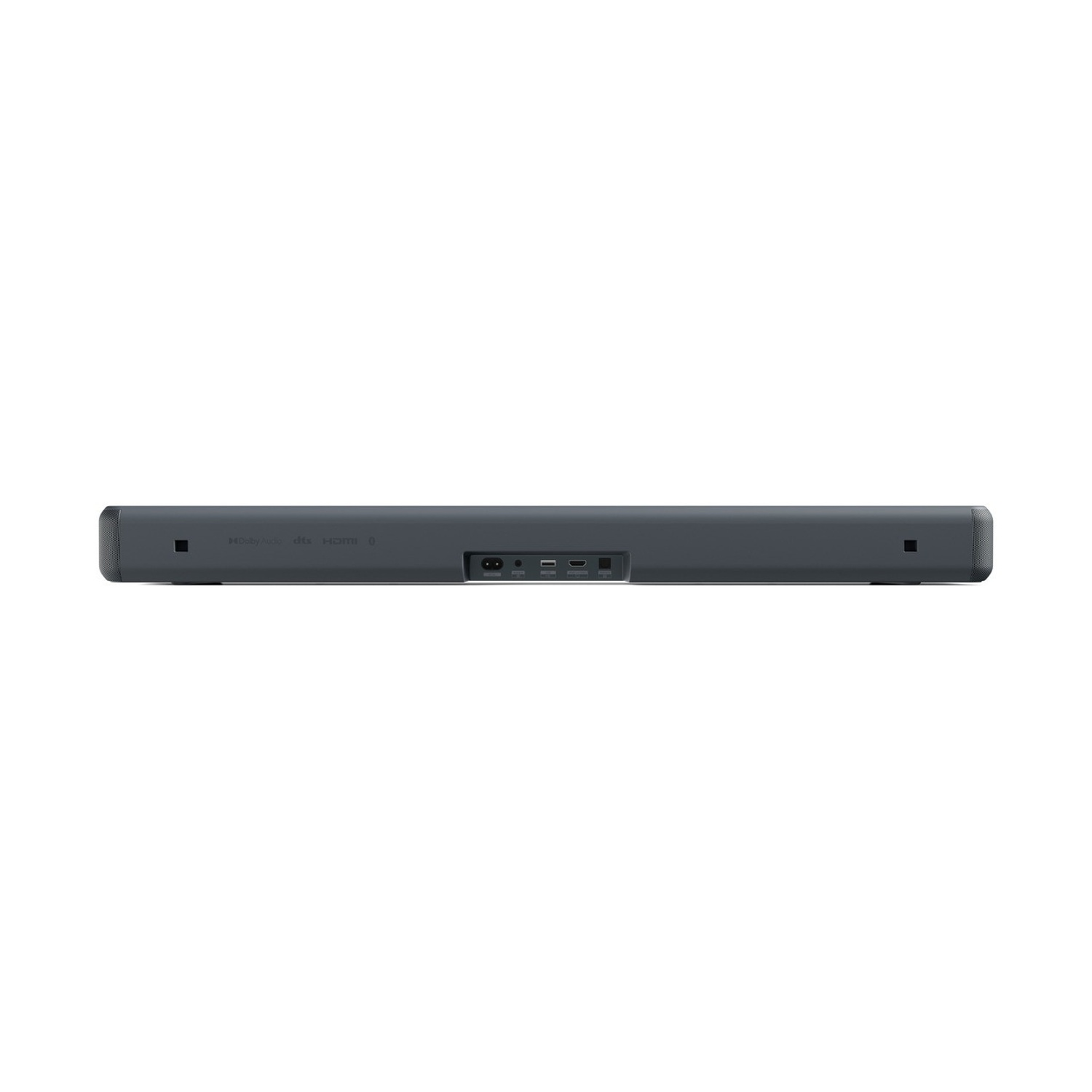 Soundbar grigio con porte e logo Dolby Audio.