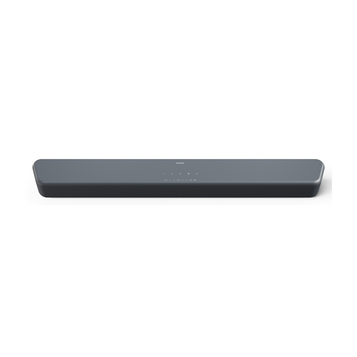 Soundbar Philips grigio con controlli superiori e griglia anteriore.