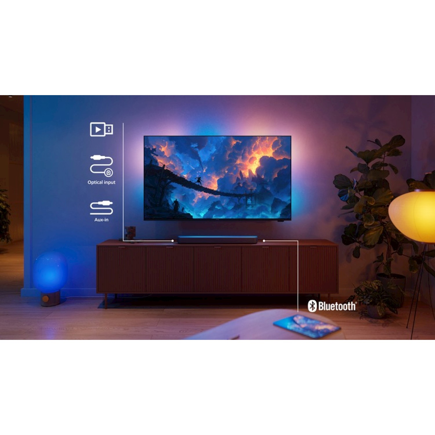 TV con soundbar su mobile, illuminato da luci colorate. Icone di ingresso.