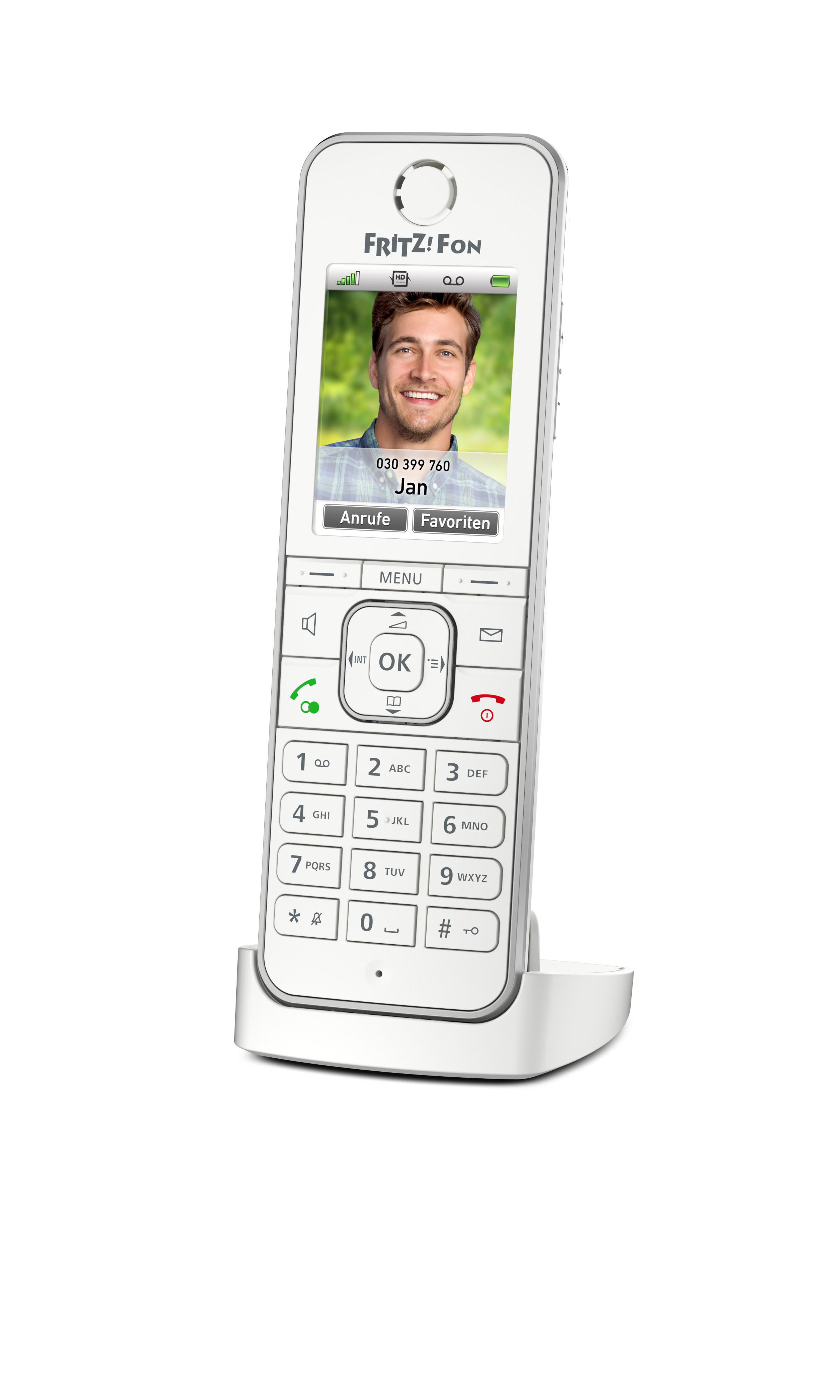 Ein weißes Schnurlostelefon mit einem Bild eines Mannes auf dem Display.
