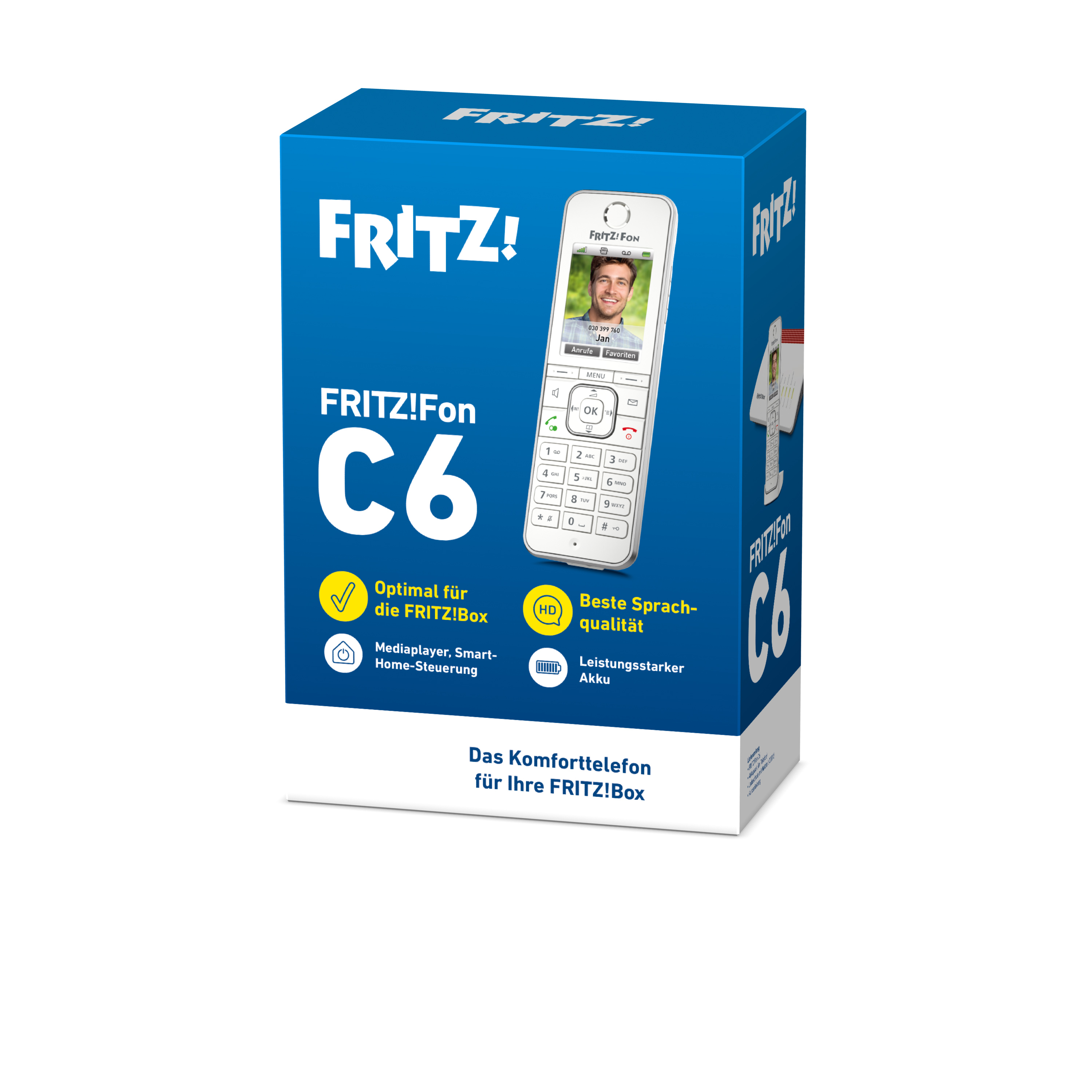 Verpackung eines FRITZ!Fon C6 Telefons mit einem Bild eines Mannes auf dem Display.
