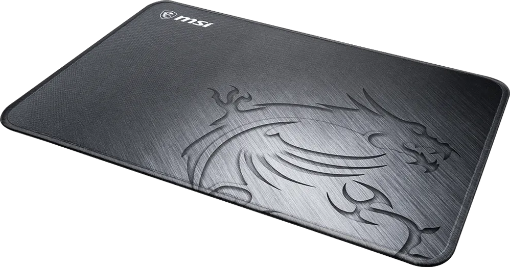 Szürke MSI gamer egérpad sárkány logóval és szálcsiszolt fém felülettel.