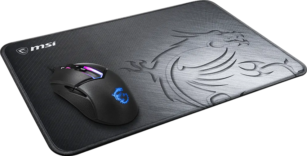MSI logó és fekete RGB-világítású gamer egér sárkánygravírozott egérpadon.