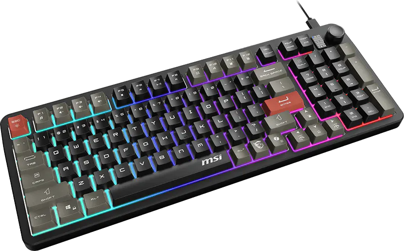 Egy fekete MSI gamer billentyűzet RGB világítással és piros gombokkal.
