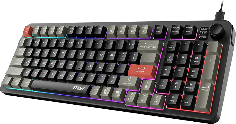 Egy fekete MSI billentyűzet RGB világítással és numerikus paddal.
