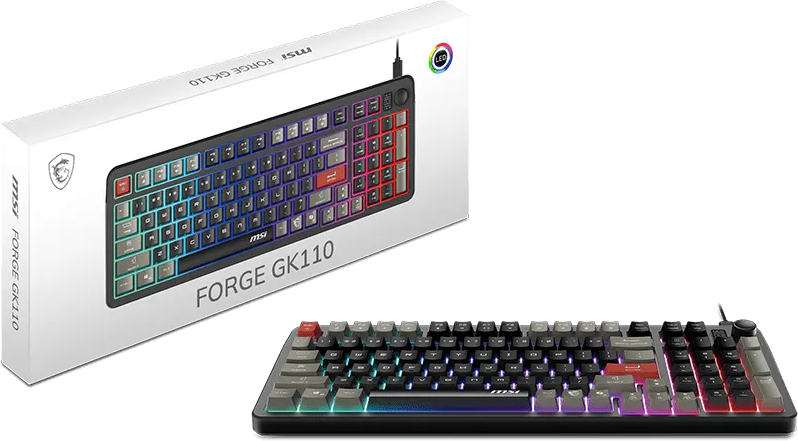 MSI Forge GK110 billentyűzet dobozban és azon kívül. RGB világítás a gombokon. Fekete és szürke.
