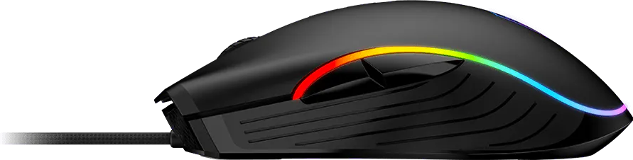 Fekete gamer egér RGB világítással és texturált részletekkel.