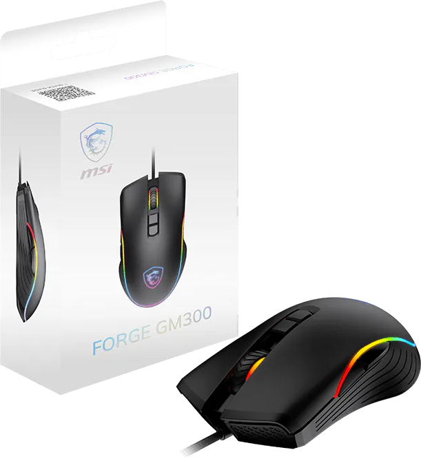 Fekete gamer egér RGB világítással a csomagolása mellett.