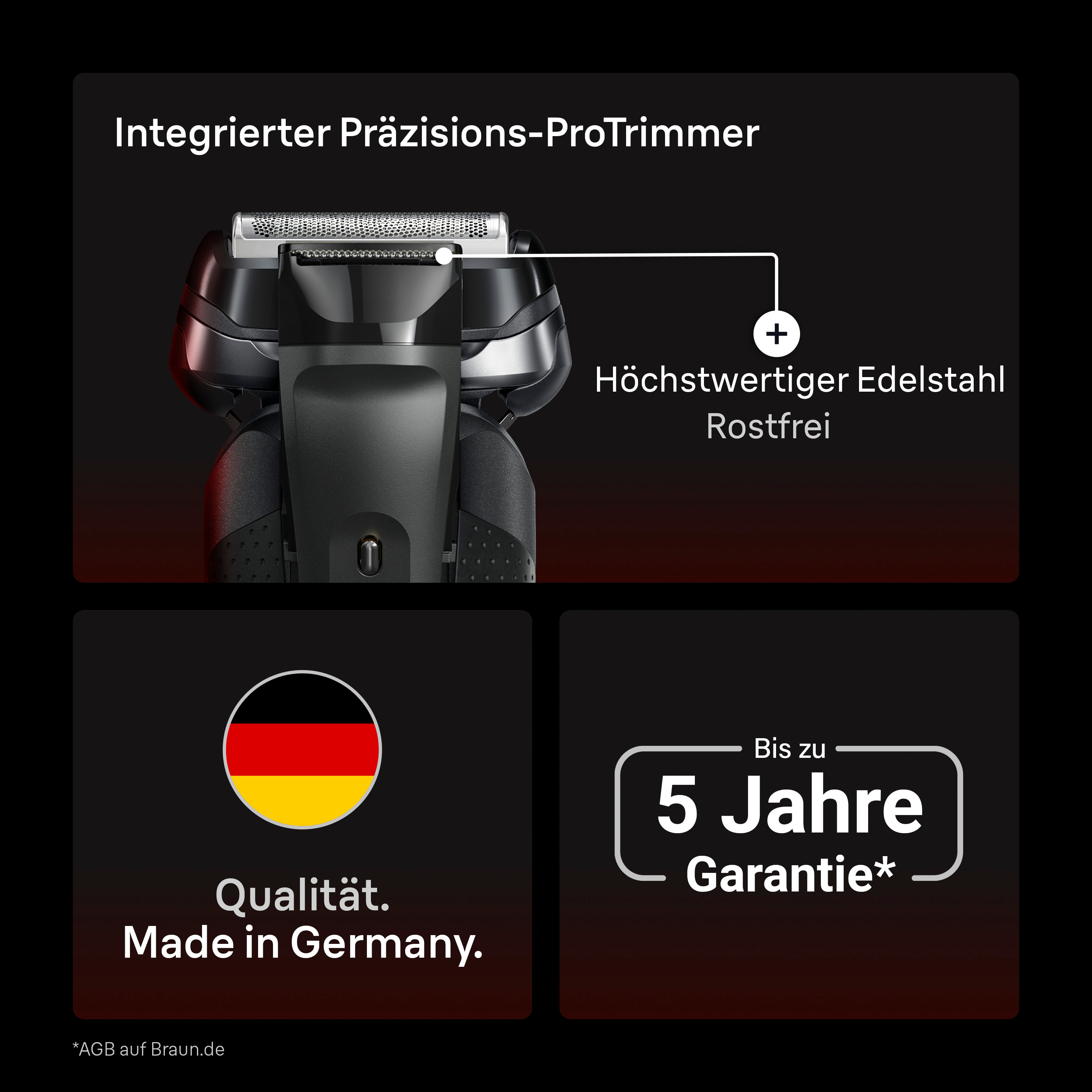 Ein schwarzer Elektrorasierer mit Präzisionstrimmer, Made in Germany und 5 Jahre Garantie.