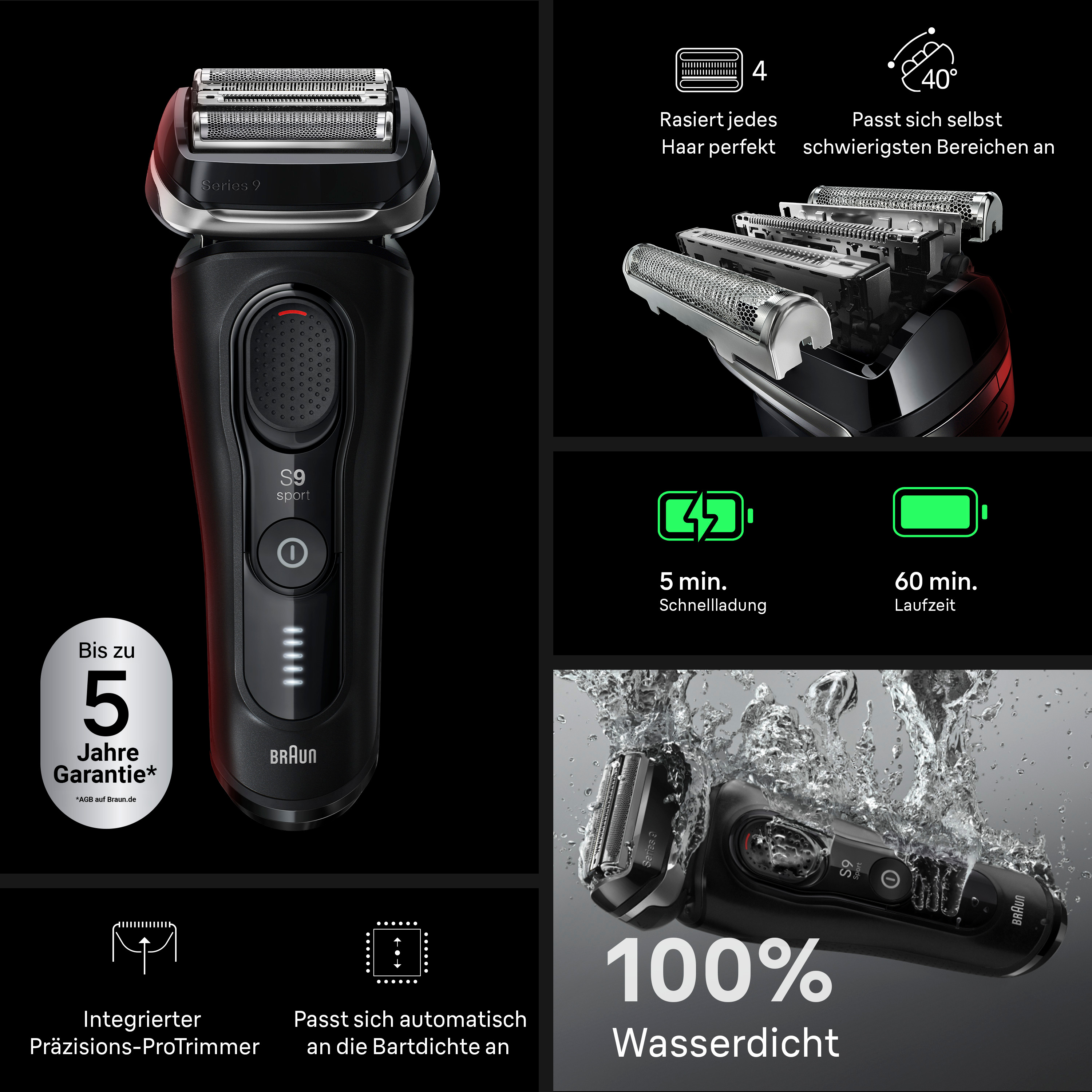 Ein schwarzer Braun Series 9 Rasierer mit Ladeanzeige und Wasserspritzern.