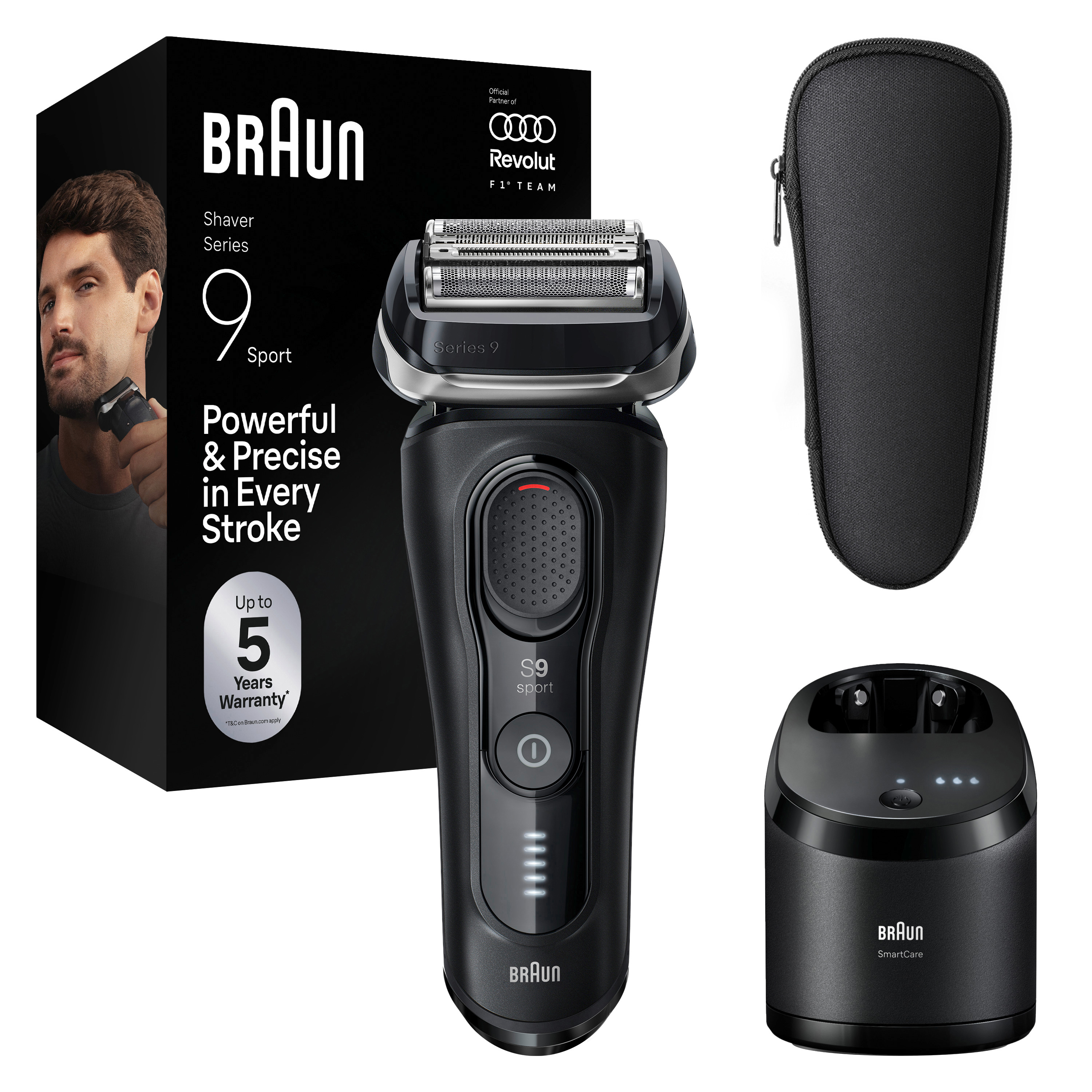 Braun Series 9 Sport Rasierer mit Lade-/Reinigungsstation und Tasche.