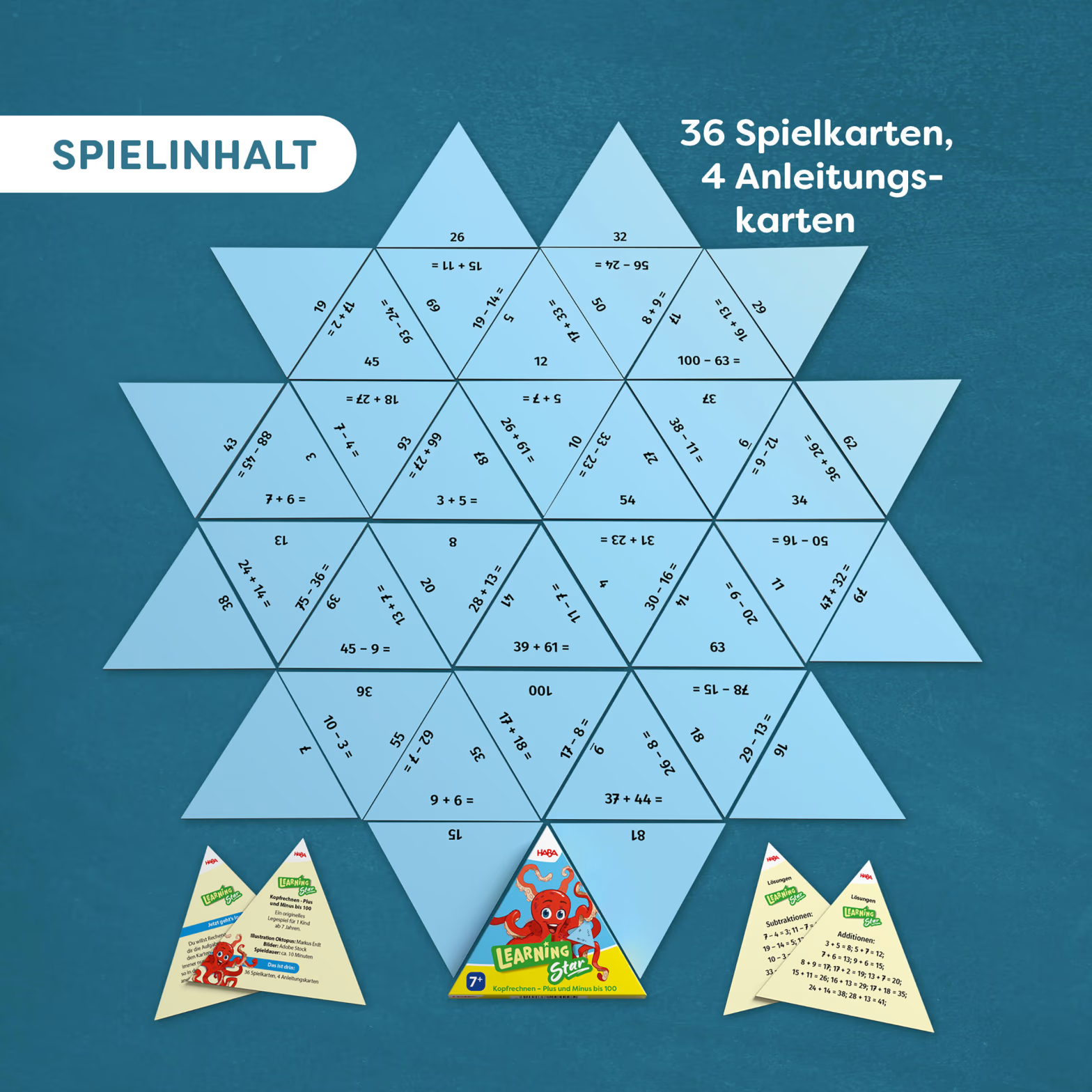 Világoskék háromszögek matematikai feladatokkal és megoldásokkal kék háttéren.