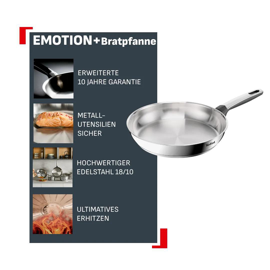 Tefal Bratpfanne mit Text: Erweiterte Garantie, Metallutensilien sicher, Edelstahl 18/10.