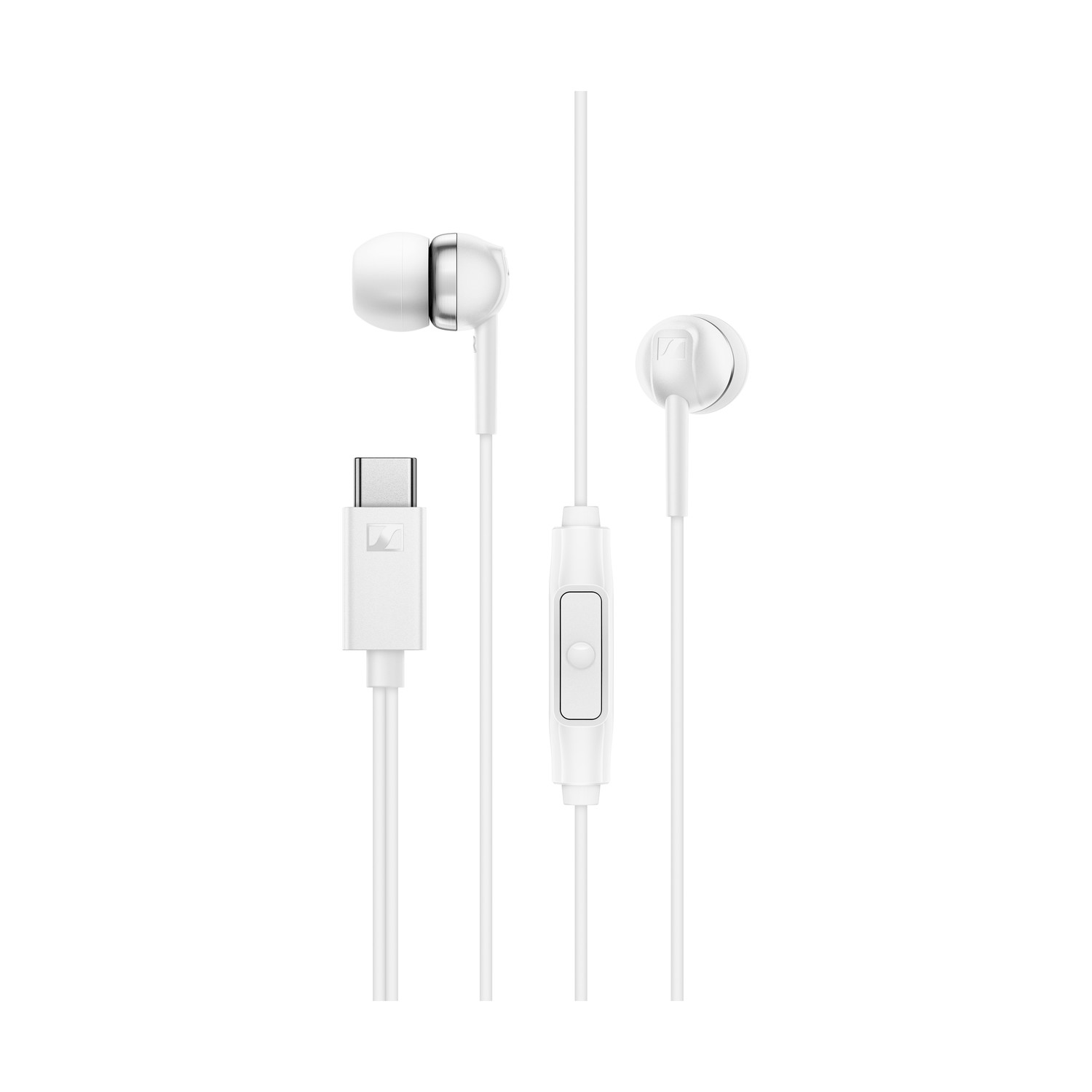 Auricolari bianchi in-ear con connettore USB-C e telecomando.