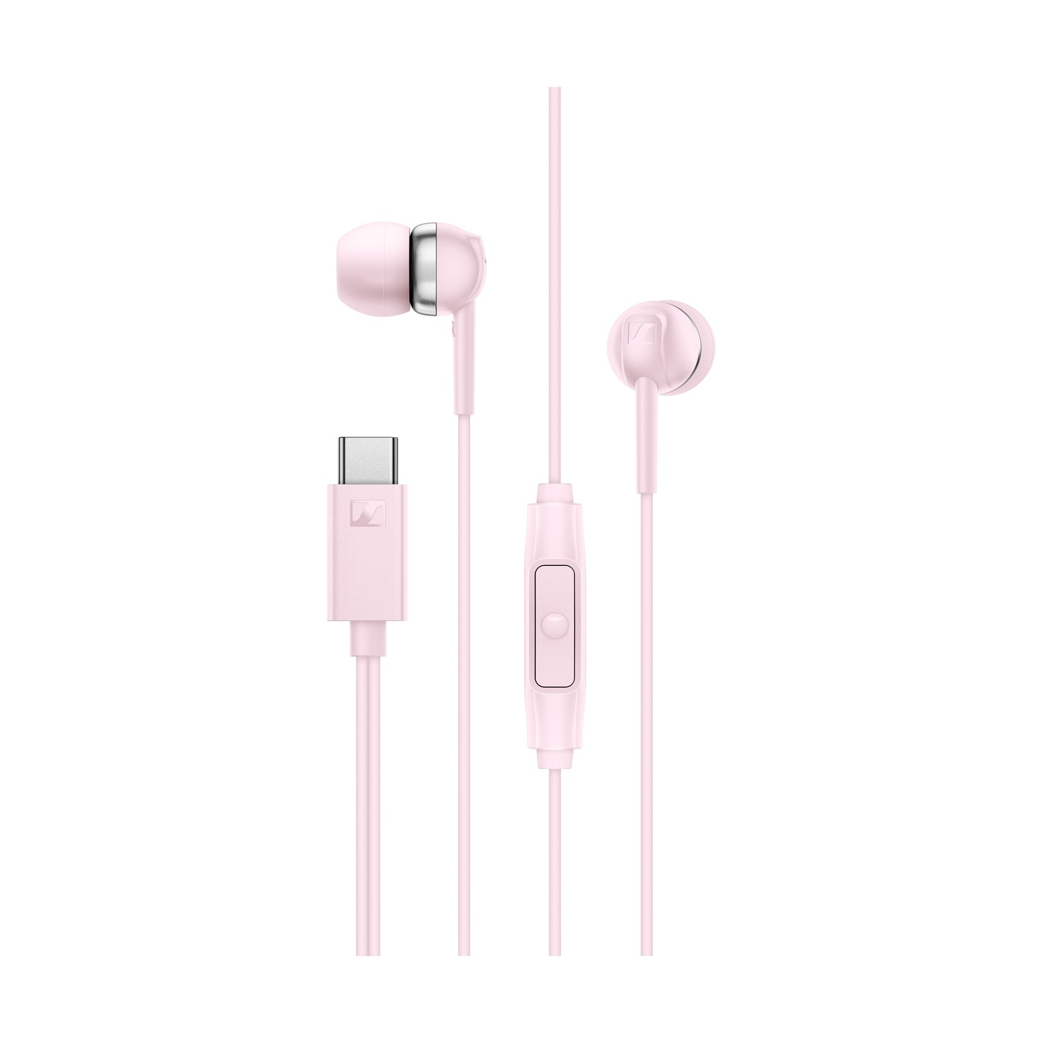Un paio di auricolari in-ear rosa con connettore USB-C e telecomando in linea.