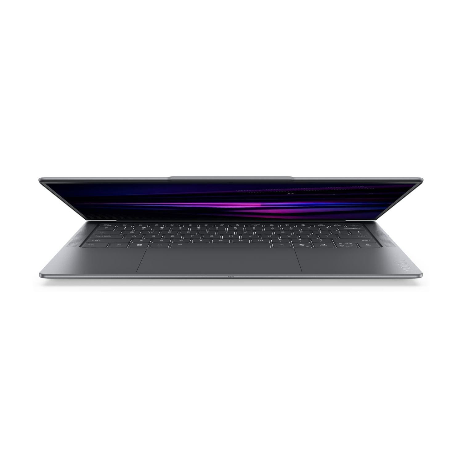 Un laptop aperto, grigio scuro, con uno sfondo viola e blu sullo schermo.