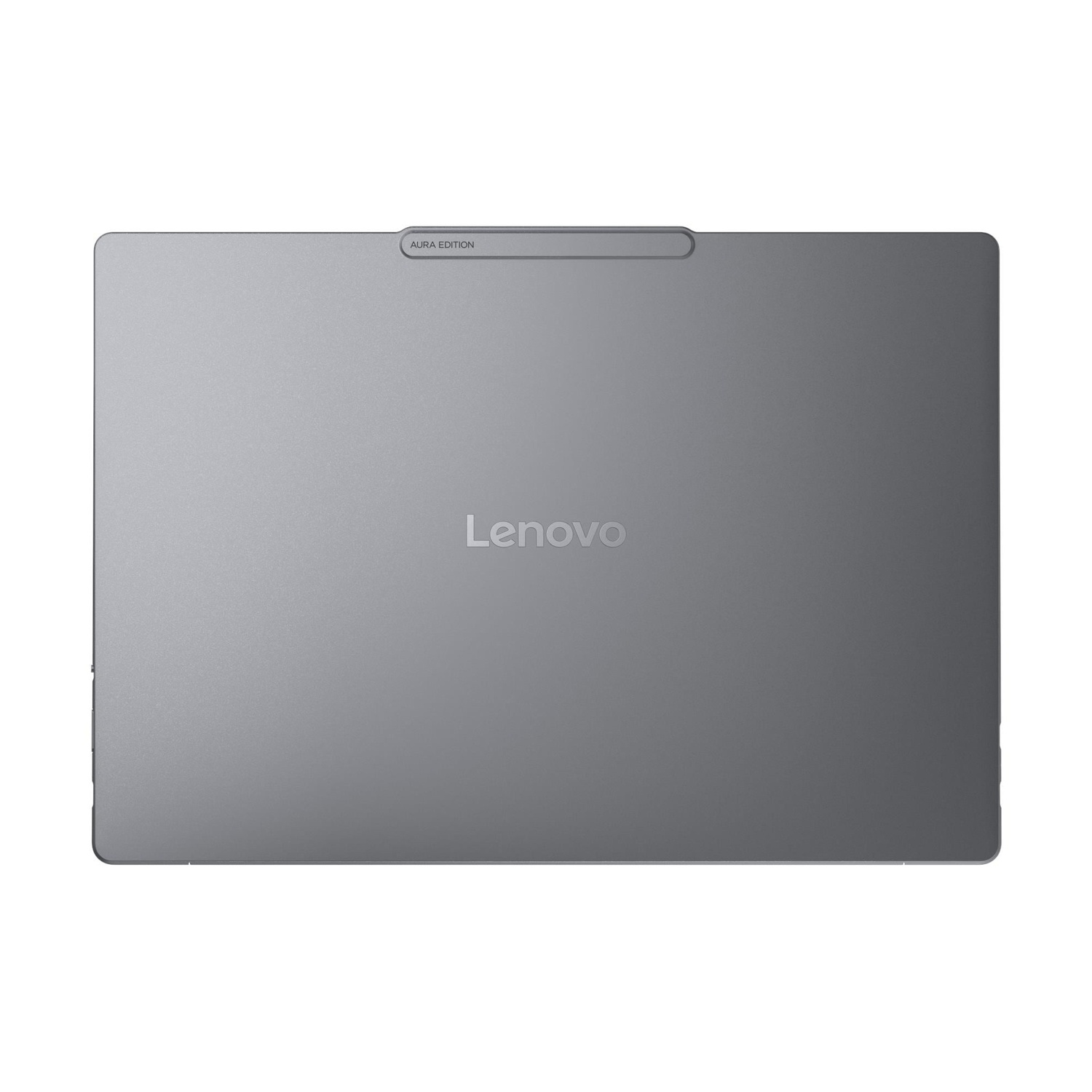 Tablet Lenovo grigio con testo Aura Edition, piatto su sfondo bianco.