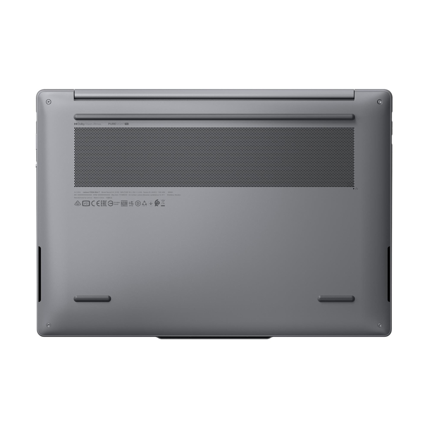 Parte inferiore di un laptop grigio, con griglia di ventilazione ed etichette.