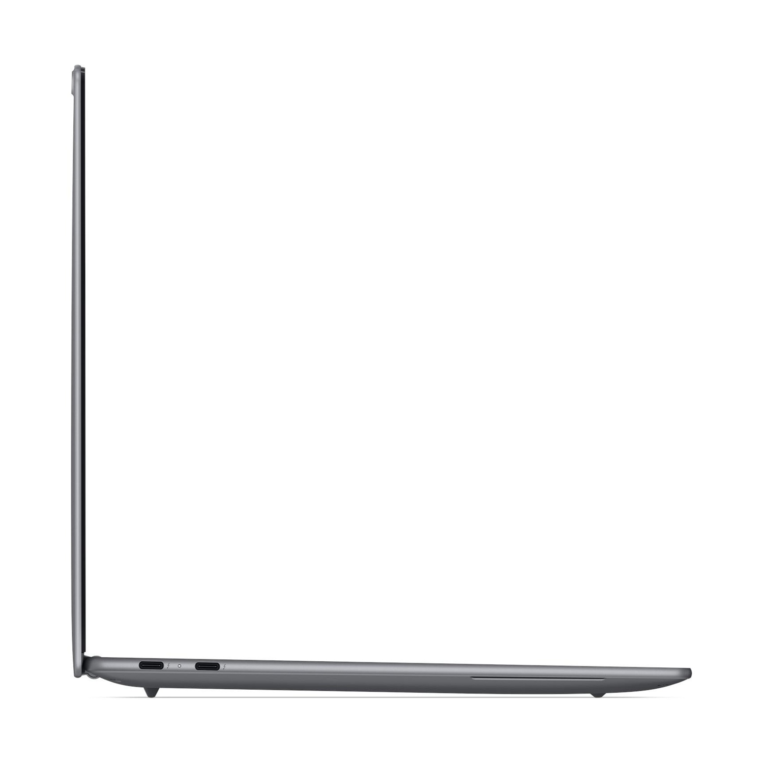Vista laterale di un MacBook grigio chiuso con porte USB-C.