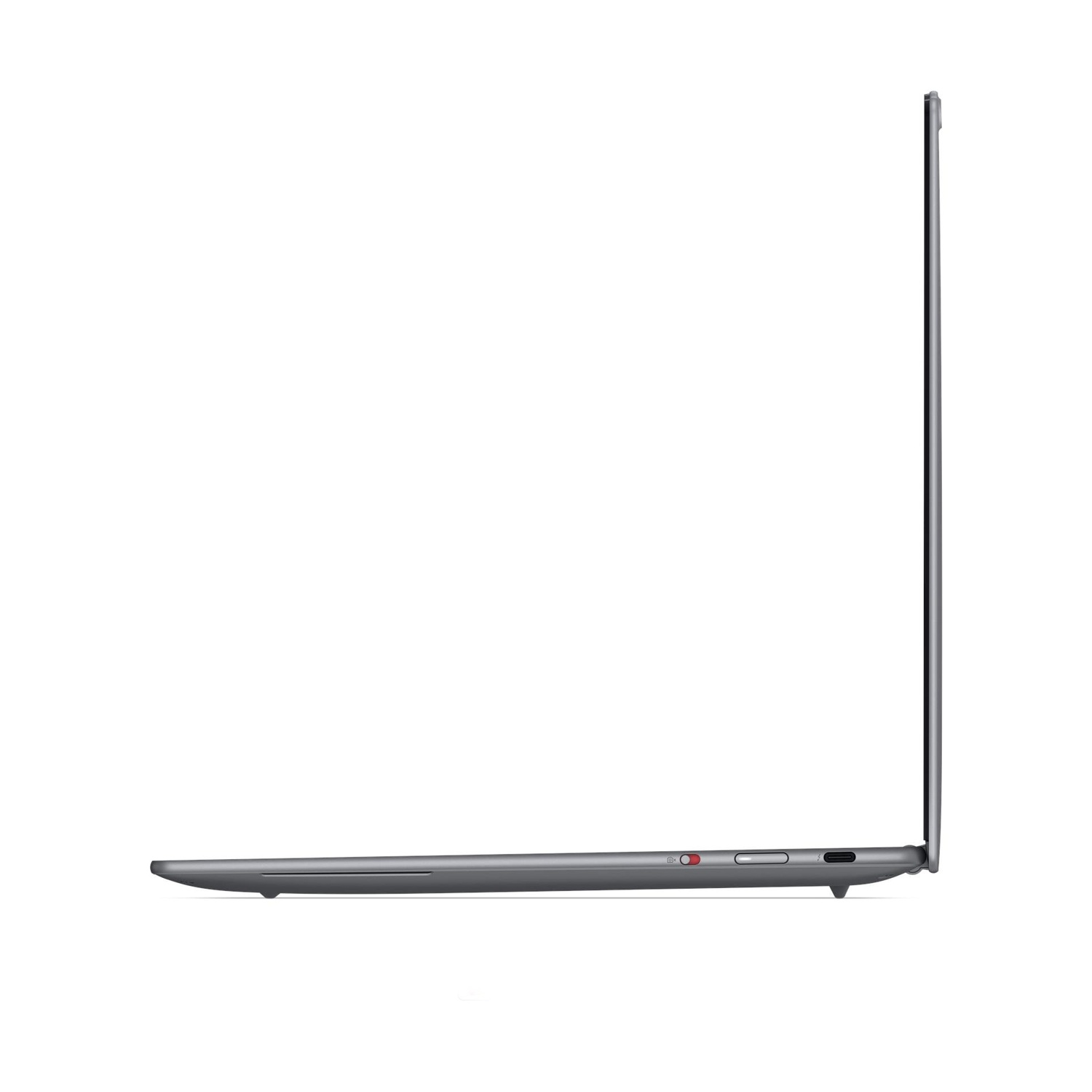 Laptop grigio in profilo laterale, aperto, su sfondo bianco.