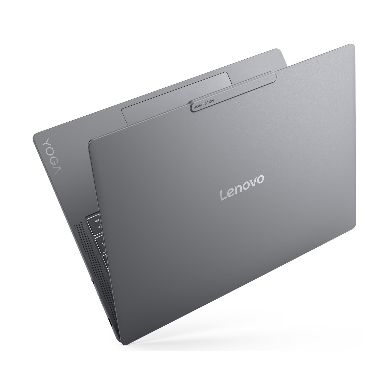 Un laptop grigio Lenovo Yoga con testo "Aura Edition", parzialmente aperto.