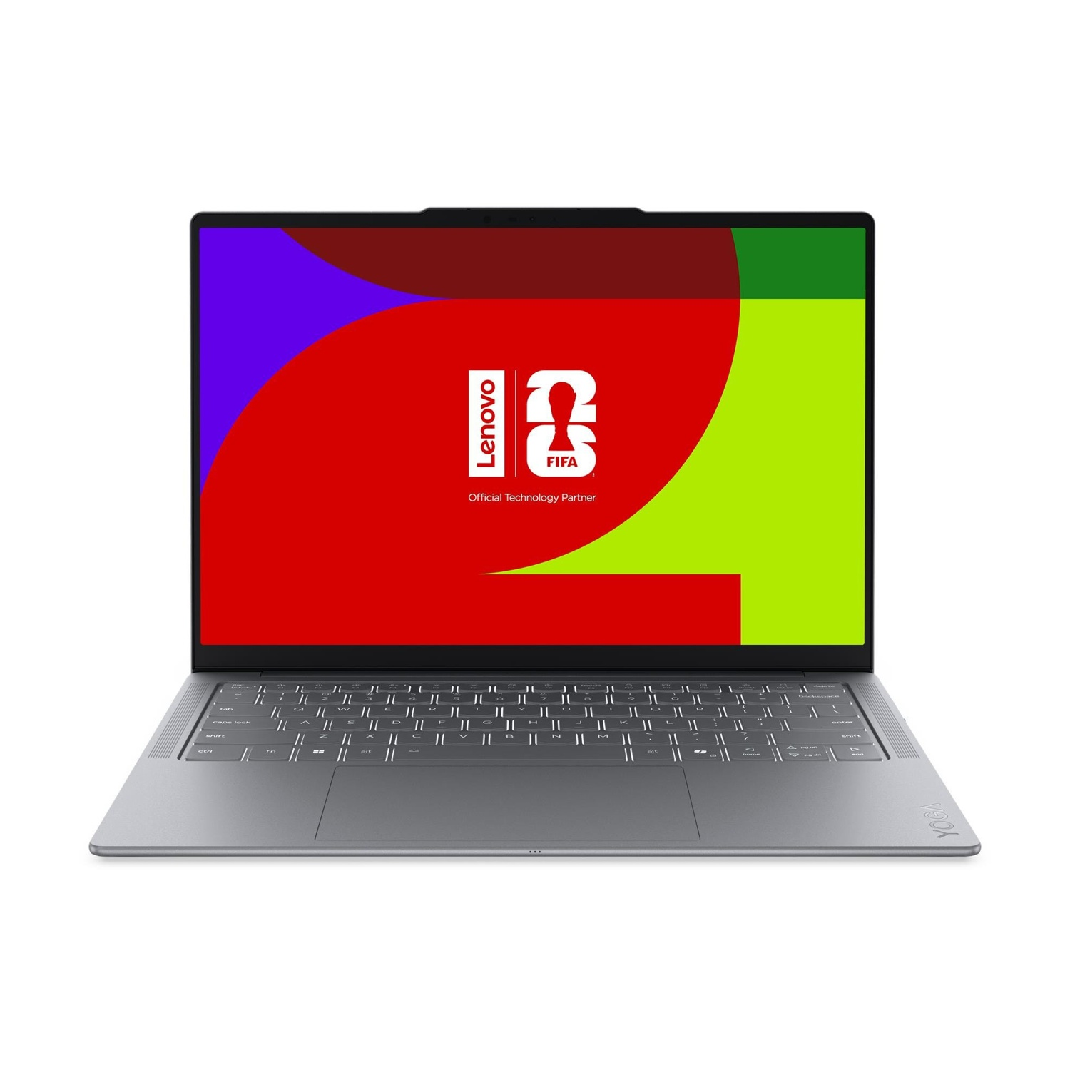 Un laptop Lenovo Yoga argento con schermo colorato che mostra il logo FIFA.