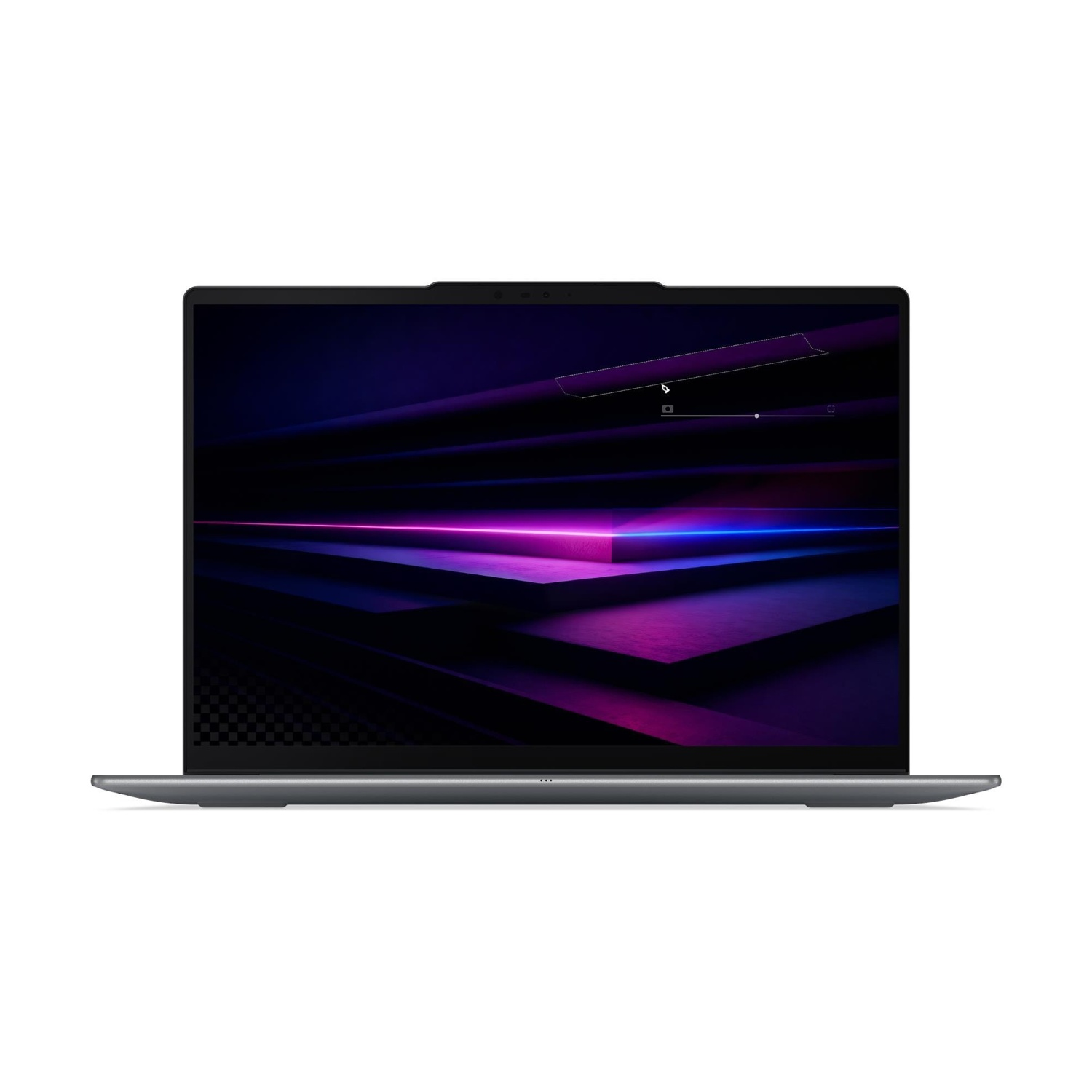 Un laptop grigio che mostra uno sfondo astratto scuro, viola e blu sul suo schermo.