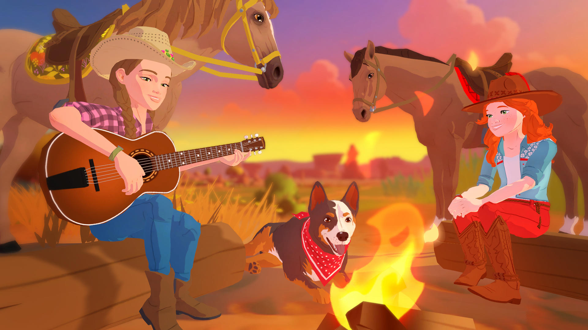 Zwei Mädchen sitzen am Lagerfeuer mit Pferden und einem Hund.