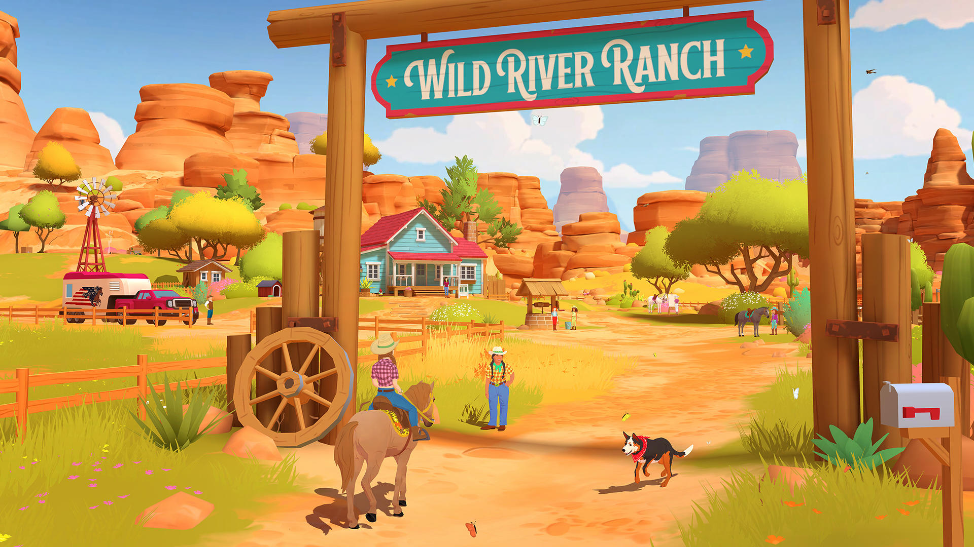 Schild 'Wild River Ranch' über einer Szene mit einem Cowboy auf einem Pferd, einem Hund und einem Ranchhaus.